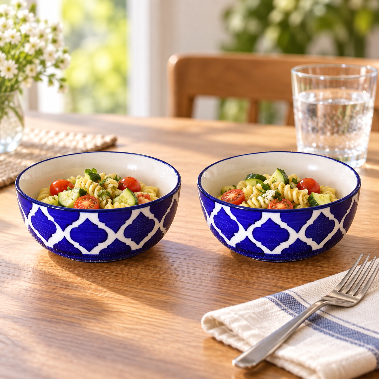 KunhaR Ceramic Serving Bowls, 400 ml Each, Set of 2, Blue Umrao, Small Bowls for Soup, Rice, Curry, Snacks and Desserts