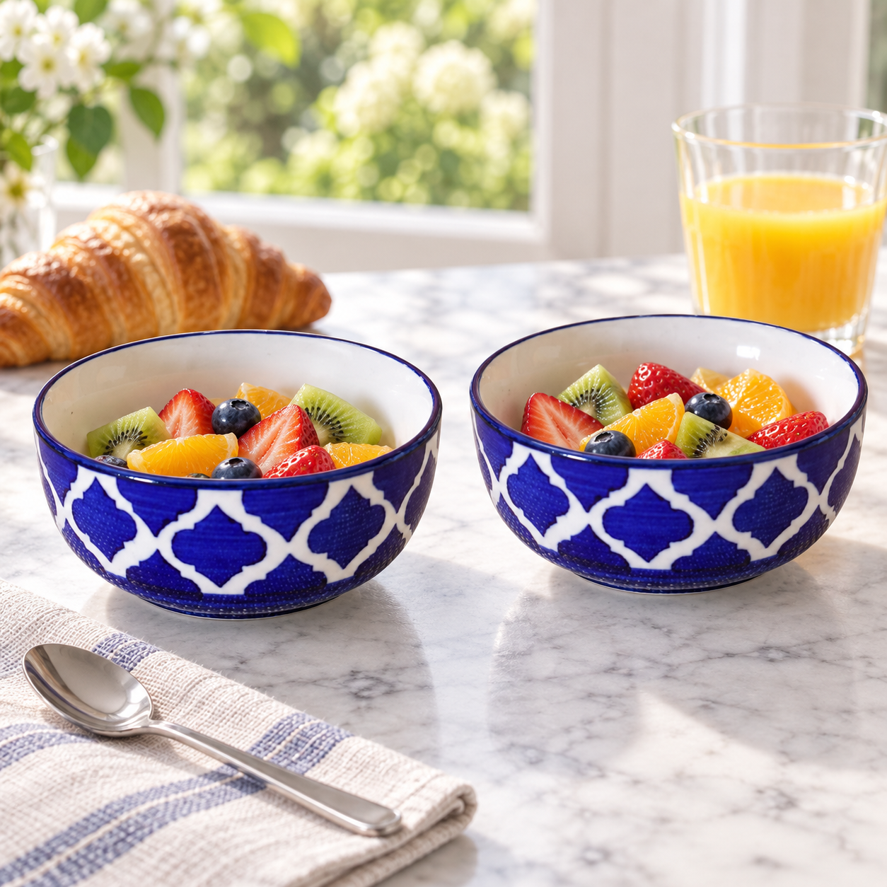 KunhaR Ceramic Serving Bowls, 400 ml Each, Set of 2, Blue Umrao, Small Bowls for Soup, Rice, Curry, Snacks and Desserts