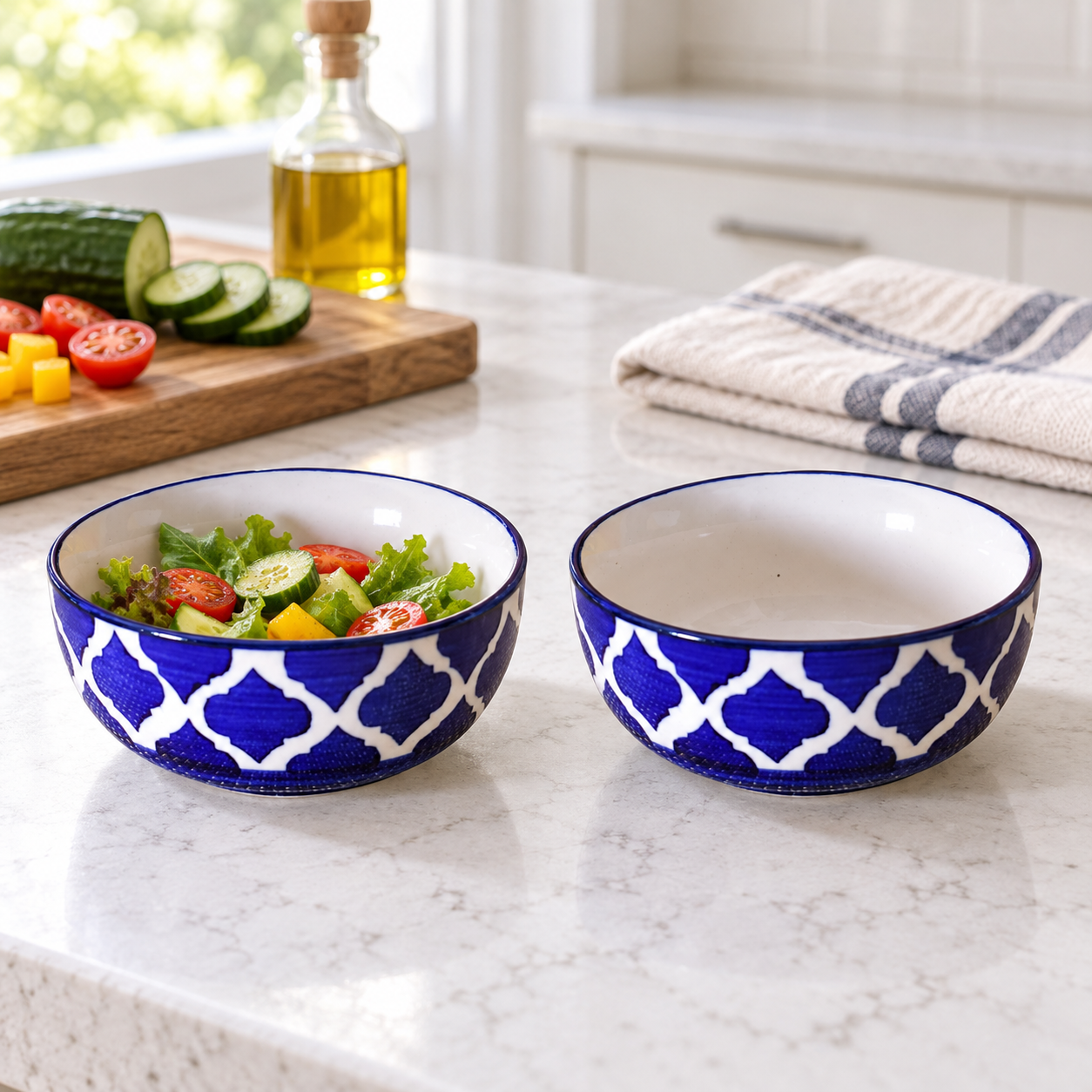 KunhaR Ceramic Serving Bowls, 400 ml Each, Set of 2, Blue Umrao, Small Bowls for Soup, Rice, Curry, Snacks and Desserts