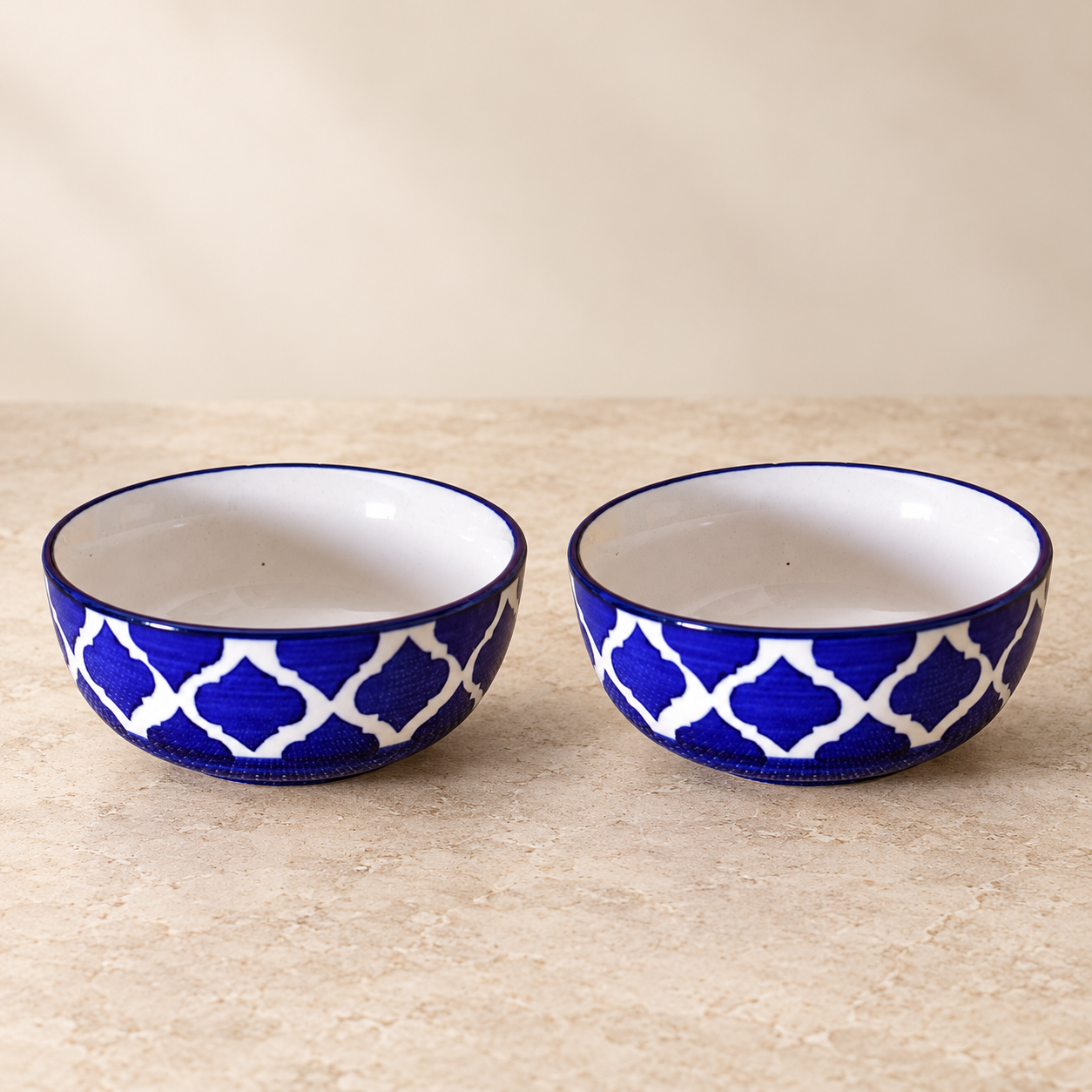 KunhaR Ceramic Serving Bowls, 400 ml Each, Set of 2, Blue Umrao, Small Bowls for Soup, Rice, Curry, Snacks and Desserts