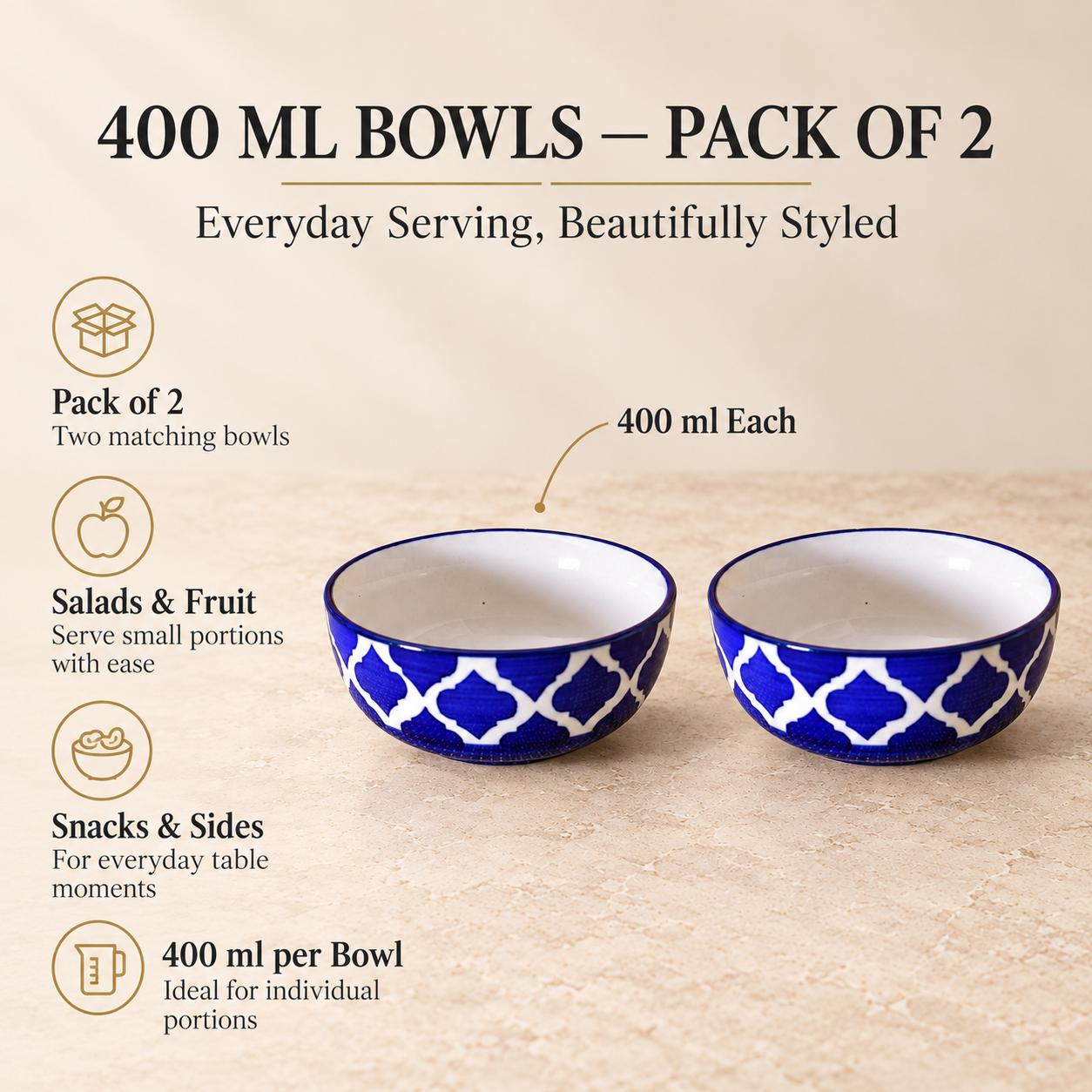KunhaR Ceramic Serving Bowls, 400 ml Each, Set of 2, Blue Umrao, Small Bowls for Soup, Rice, Curry, Snacks and Desserts