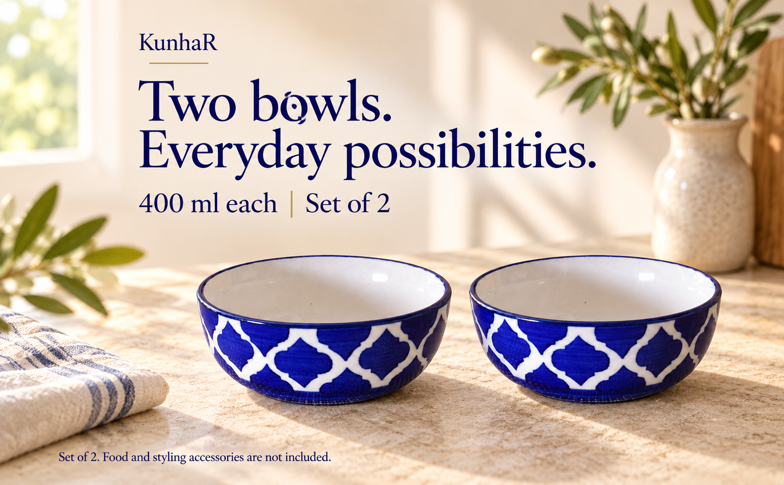 KunhaR Ceramic Serving Bowls, 400 ml Each, Set of 2, Blue Umrao, Small Bowls for Soup, Rice, Curry, Snacks and Desserts — hero