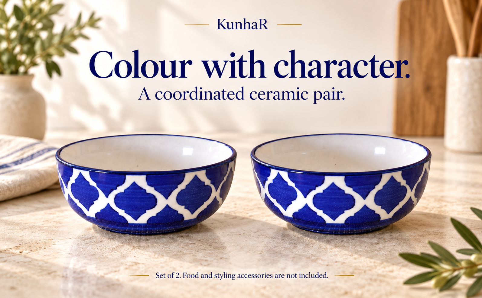 KunhaR Ceramic Serving Bowls, 400 ml Each, Set of 2, Blue Umrao, Small Bowls for Soup, Rice, Curry, Snacks and Desserts — finish