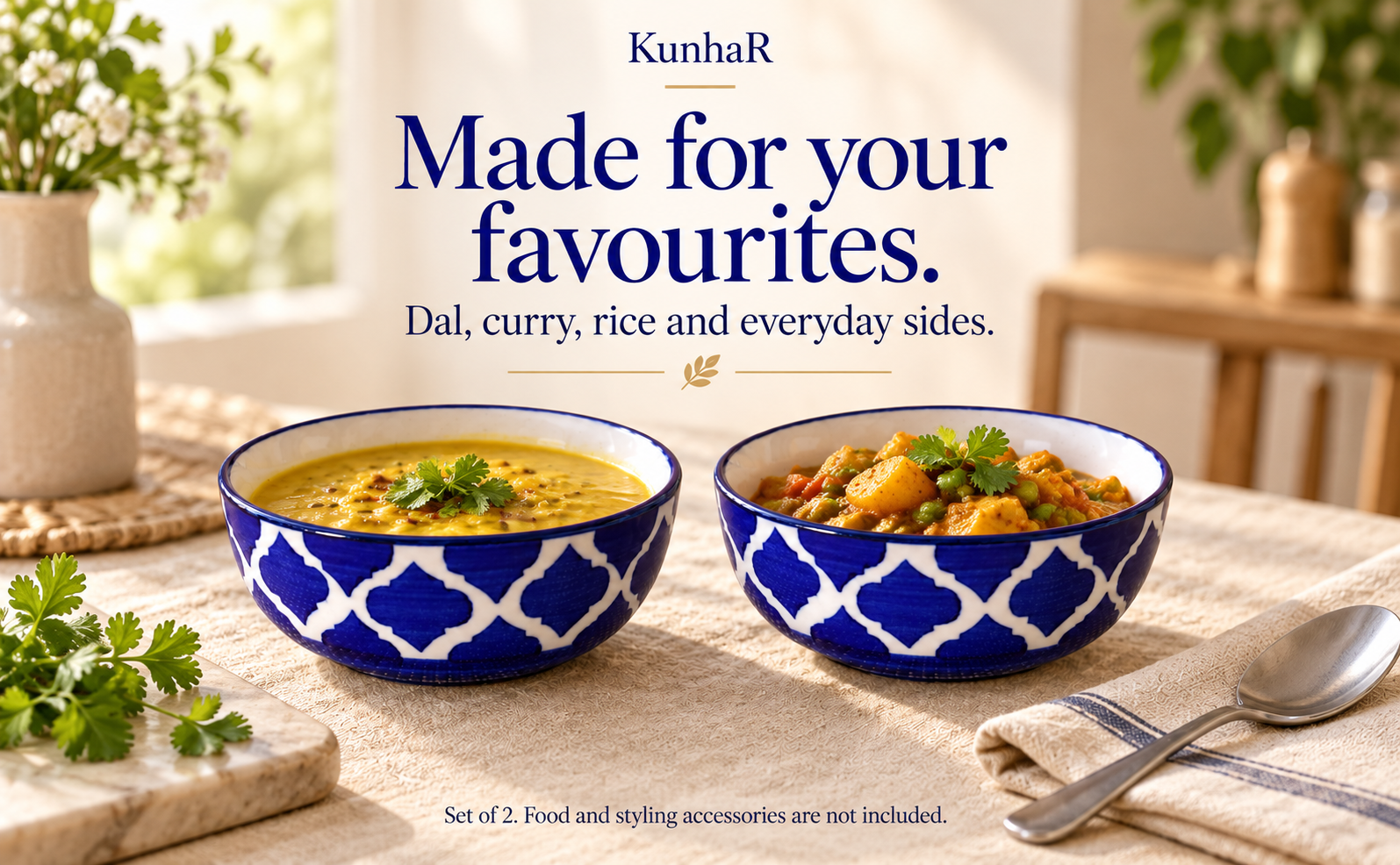 KunhaR Ceramic Serving Bowls, 400 ml Each, Set of 2, Blue Umrao, Small Bowls for Soup, Rice, Curry, Snacks and Desserts — serve