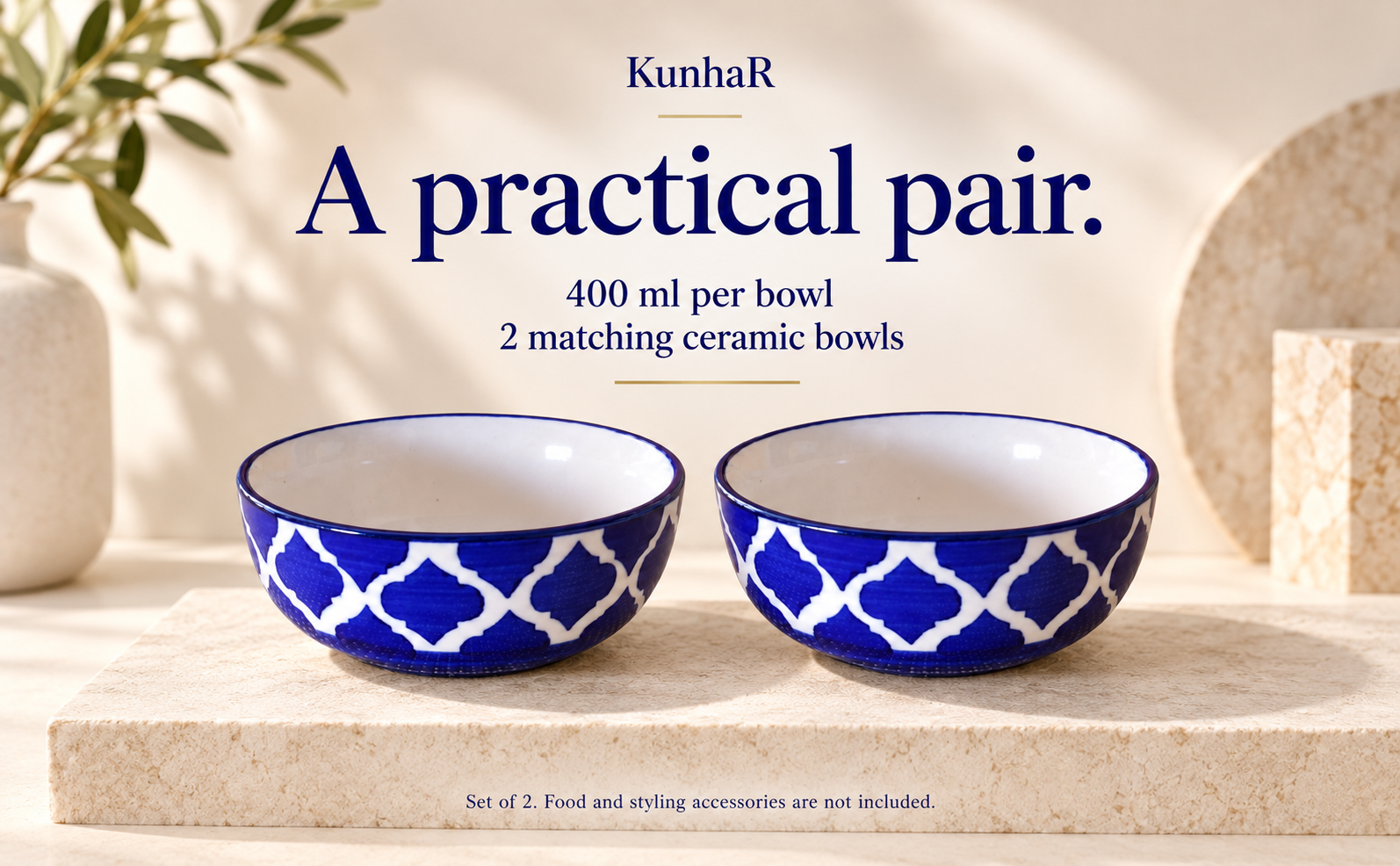 KunhaR Ceramic Serving Bowls, 400 ml Each, Set of 2, Blue Umrao, Small Bowls for Soup, Rice, Curry, Snacks and Desserts — capacity