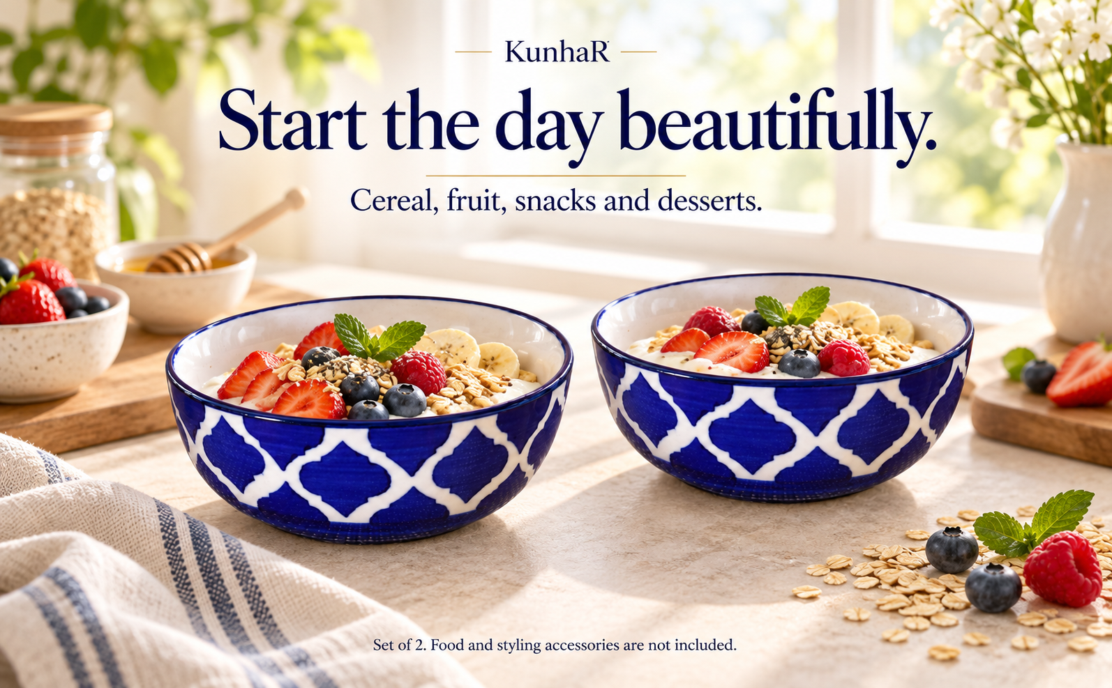 KunhaR Ceramic Serving Bowls, 400 ml Each, Set of 2, Blue Umrao, Small Bowls for Soup, Rice, Curry, Snacks and Desserts — breakfast