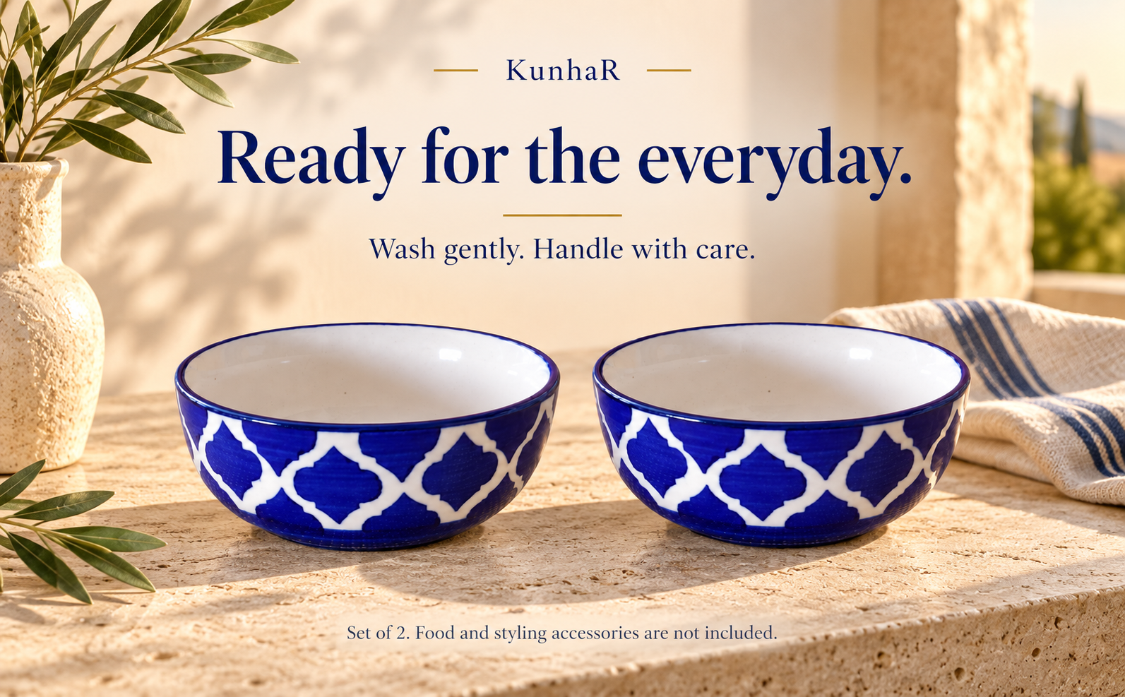 KunhaR Ceramic Serving Bowls, 400 ml Each, Set of 2, Blue Umrao, Small Bowls for Soup, Rice, Curry, Snacks and Desserts — care
