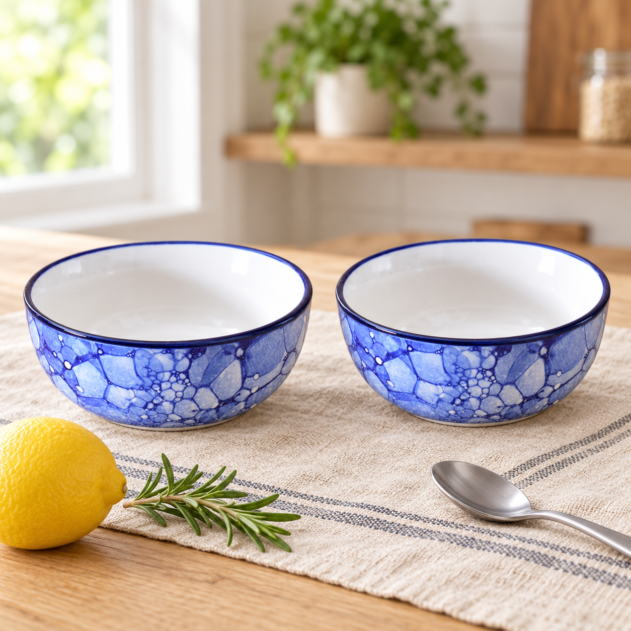 KunhaR Ceramic Serving Bowls, 400 ml Each, Set of 2, Blue Luster, Small Bowls for Soup, Rice, Curry, Snacks and Desserts