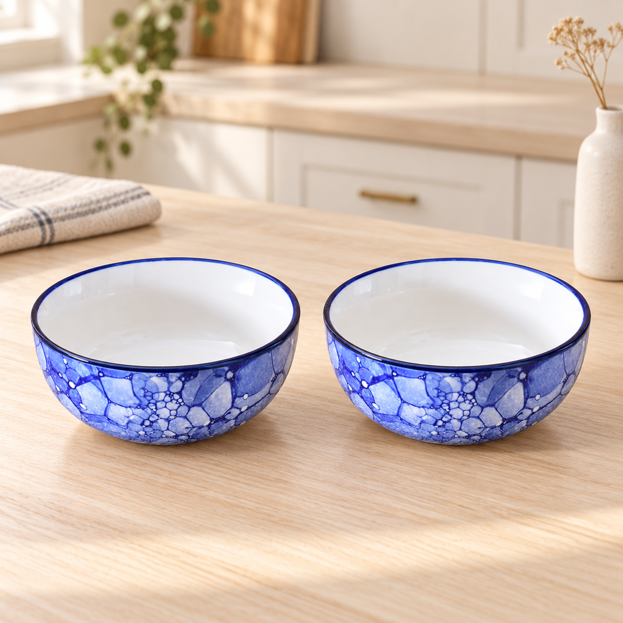 KunhaR Ceramic Serving Bowls, 400 ml Each, Set of 2, Blue Luster, Small Bowls for Soup, Rice, Curry, Snacks and Desserts