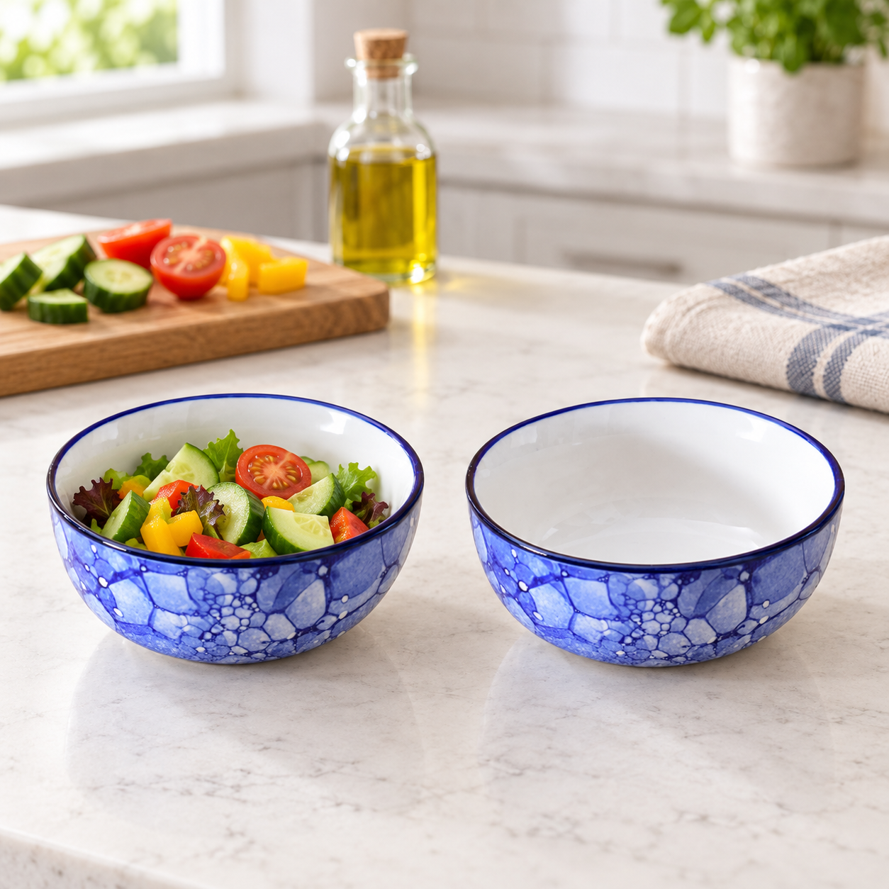 KunhaR Ceramic Serving Bowls, 400 ml Each, Set of 2, Blue Luster, Small Bowls for Soup, Rice, Curry, Snacks and Desserts