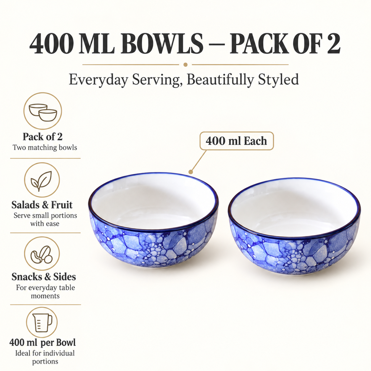 KunhaR Ceramic Serving Bowls, 400 ml Each, Set of 2, Blue Luster, Small Bowls for Soup, Rice, Curry, Snacks and Desserts