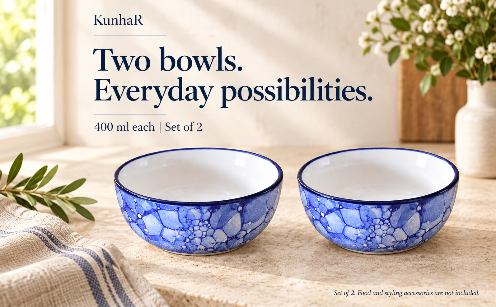 KunhaR Ceramic Serving Bowls, 400 ml Each, Set of 2, Blue Luster, Small Bowls for Soup, Rice, Curry, Snacks and Desserts — hero