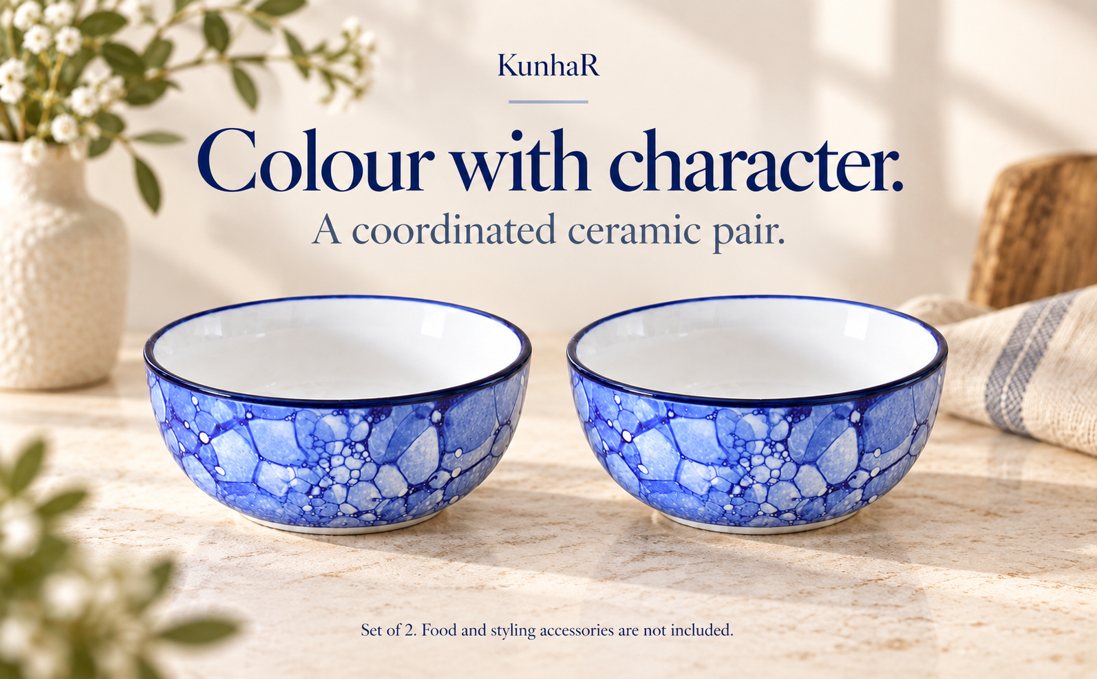 KunhaR Ceramic Serving Bowls, 400 ml Each, Set of 2, Blue Luster, Small Bowls for Soup, Rice, Curry, Snacks and Desserts — finish