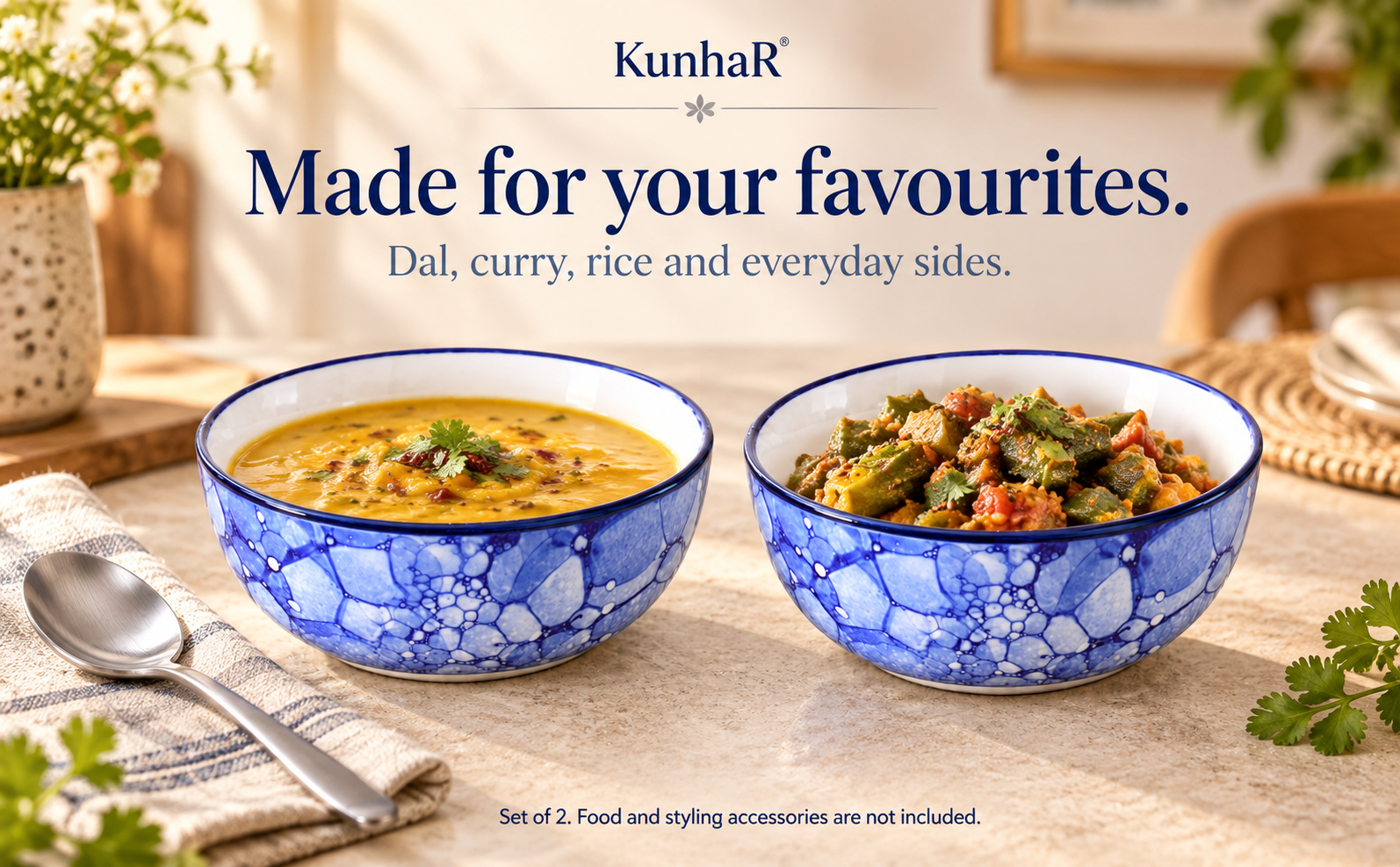 KunhaR Ceramic Serving Bowls, 400 ml Each, Set of 2, Blue Luster, Small Bowls for Soup, Rice, Curry, Snacks and Desserts — serve