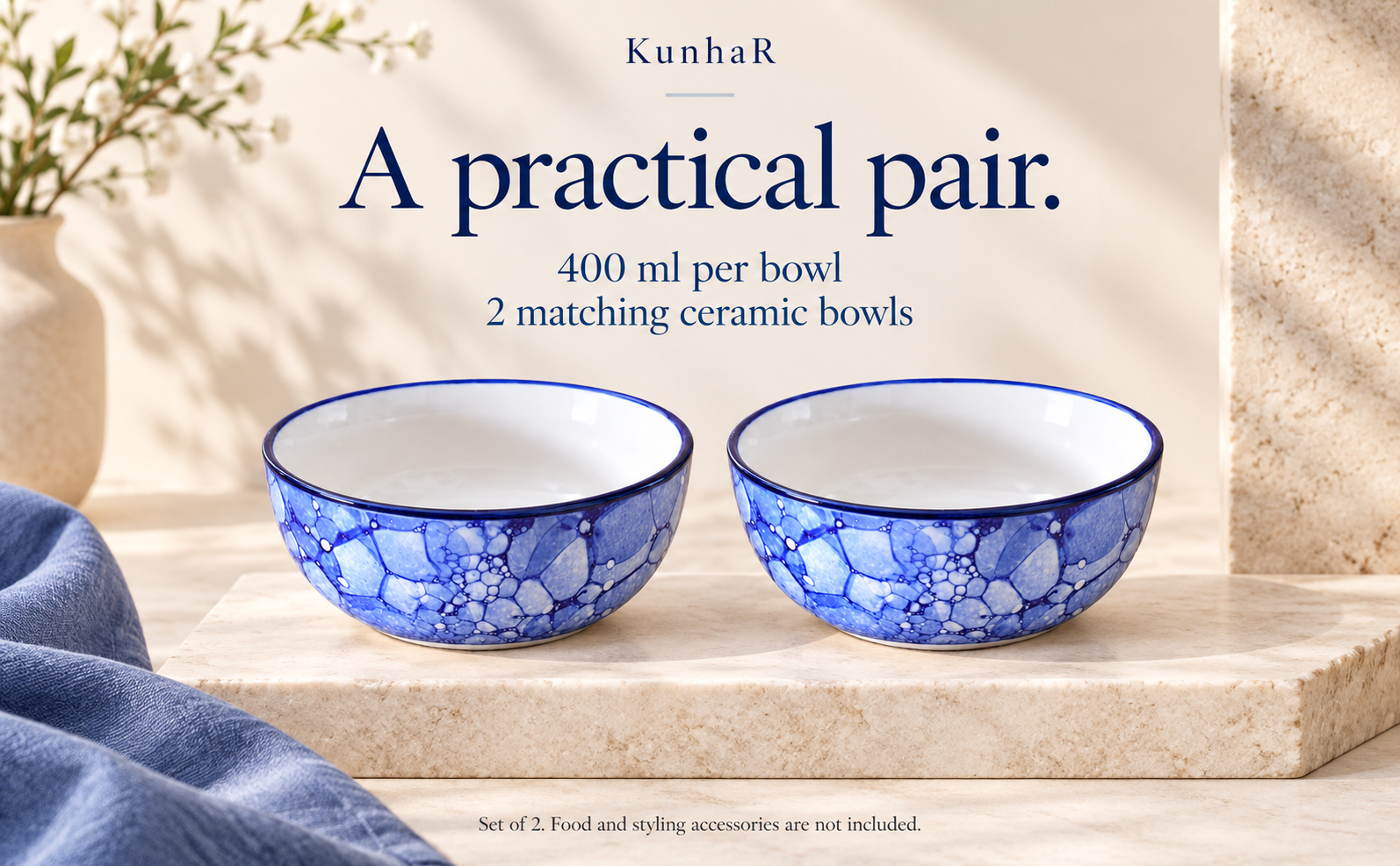 KunhaR Ceramic Serving Bowls, 400 ml Each, Set of 2, Blue Luster, Small Bowls for Soup, Rice, Curry, Snacks and Desserts — capacity