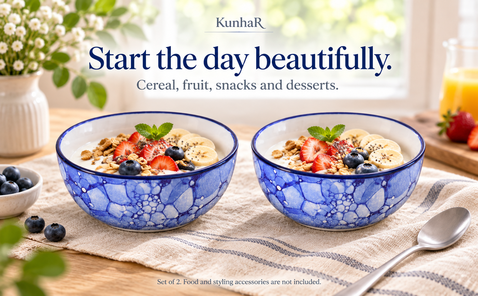 KunhaR Ceramic Serving Bowls, 400 ml Each, Set of 2, Blue Luster, Small Bowls for Soup, Rice, Curry, Snacks and Desserts — breakfast