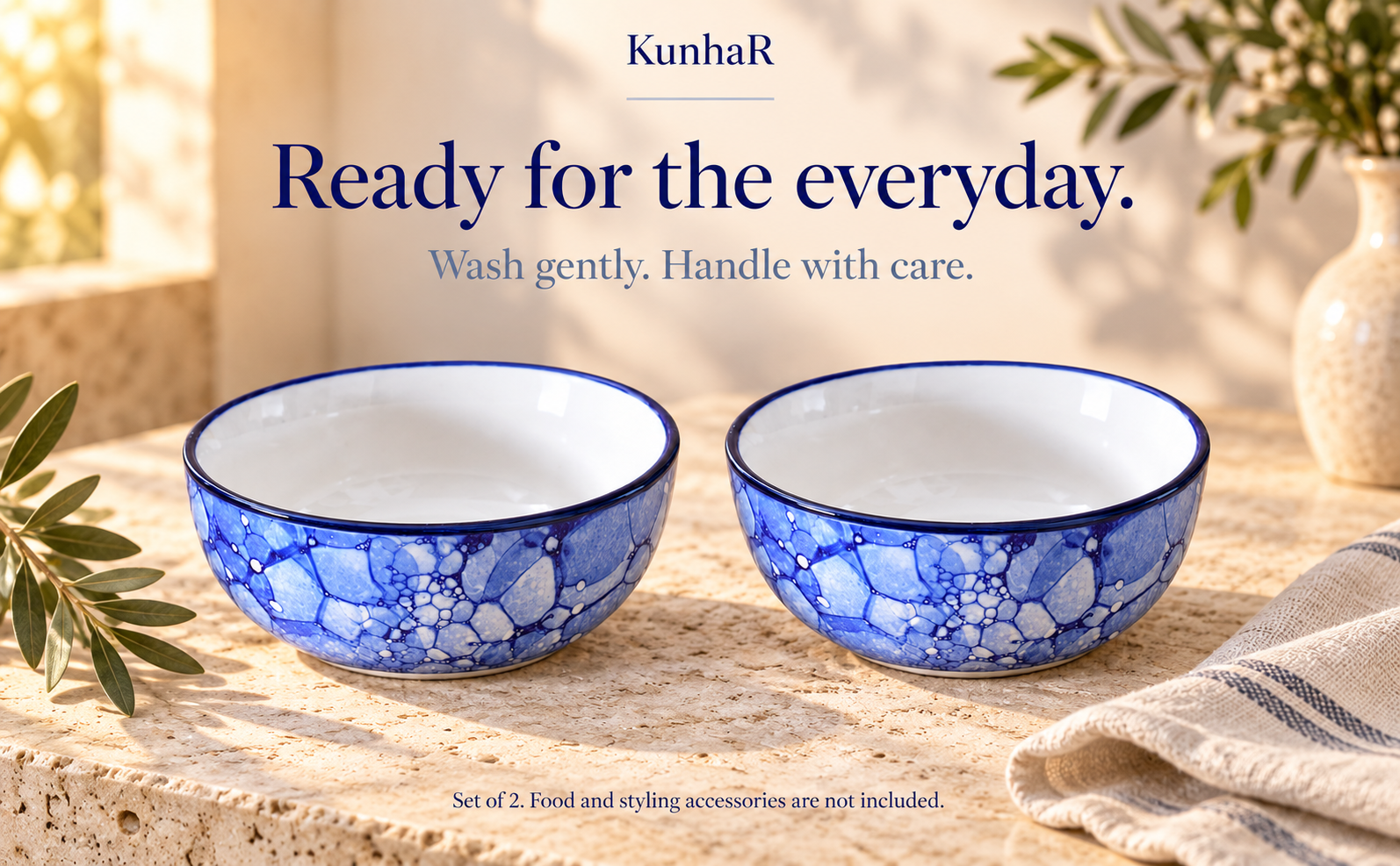 KunhaR Ceramic Serving Bowls, 400 ml Each, Set of 2, Blue Luster, Small Bowls for Soup, Rice, Curry, Snacks and Desserts — care