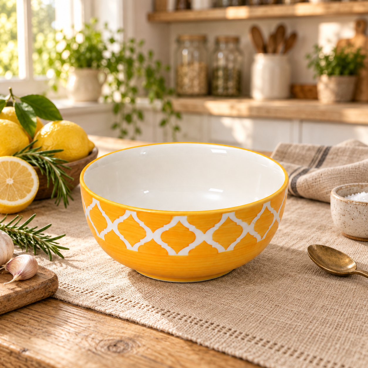KunhaR Ceramic Serving Bowl, 600 ml, Yellow Chidi, Multipurpose Bowl for Mixing, Serving, Salad, Pasta & Snacks, 1 Piece