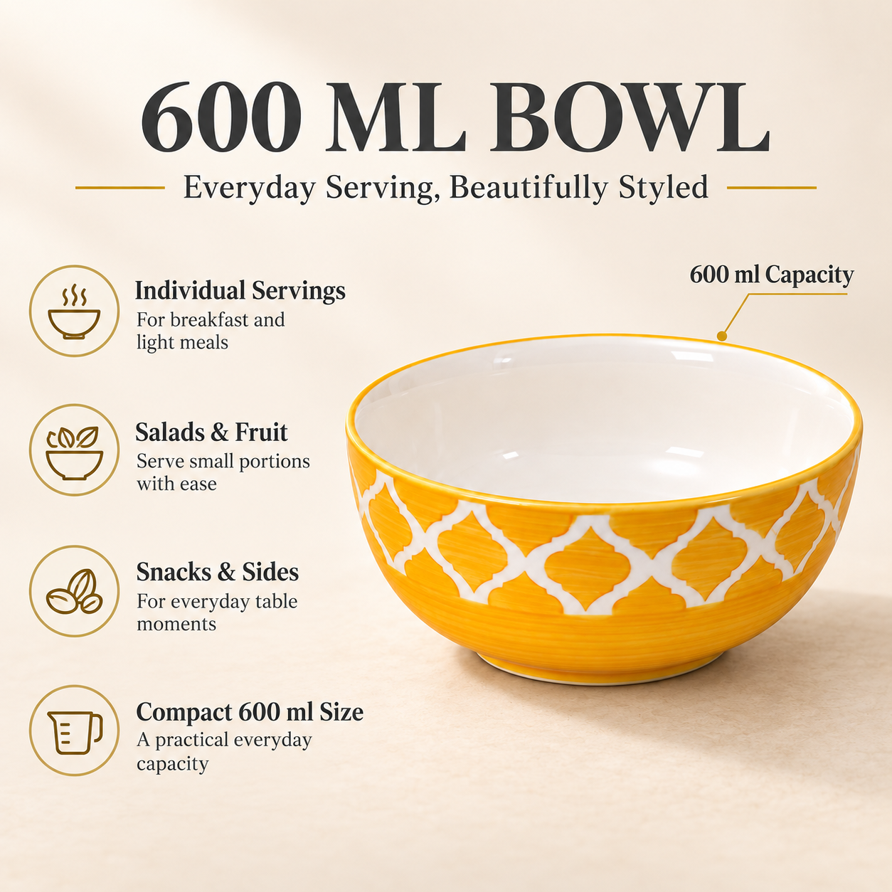 KunhaR Ceramic Serving Bowl, 600 ml, Yellow Chidi, Multipurpose Bowl for Mixing, Serving, Salad, Pasta & Snacks, 1 Piece - Image 7