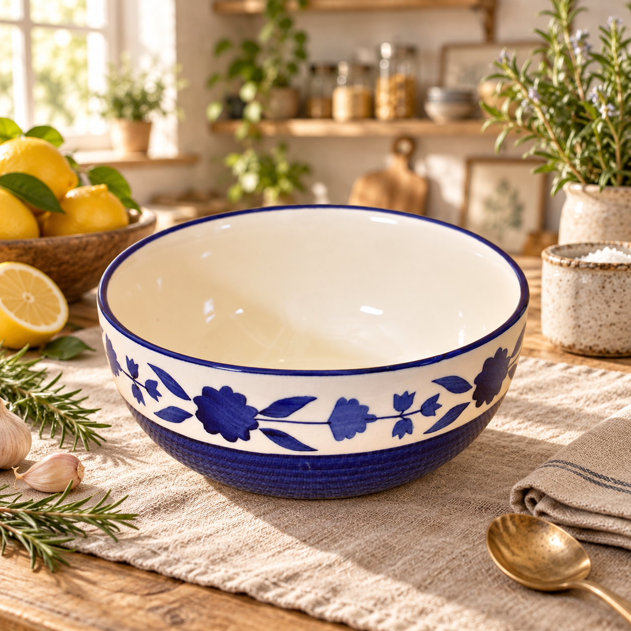 KunhaR Ceramic Serving Bowl, 600 ml, Blue Flower, Multipurpose Bowl for Mixing, Serving, Salad, Pasta & Snacks, 1 Piece