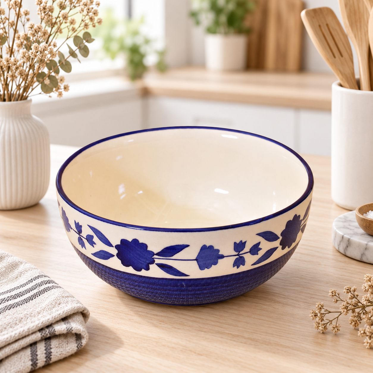 KunhaR Ceramic Serving Bowl, 600 ml, Blue Flower, Multipurpose Bowl for Mixing, Serving, Salad, Pasta & Snacks, 1 Piece - Image 2