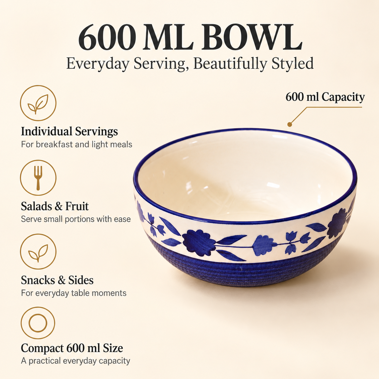 KunhaR Ceramic Serving Bowl, 600 ml, Blue Flower, Multipurpose Bowl for Mixing, Serving, Salad, Pasta & Snacks, 1 Piece - Image 7