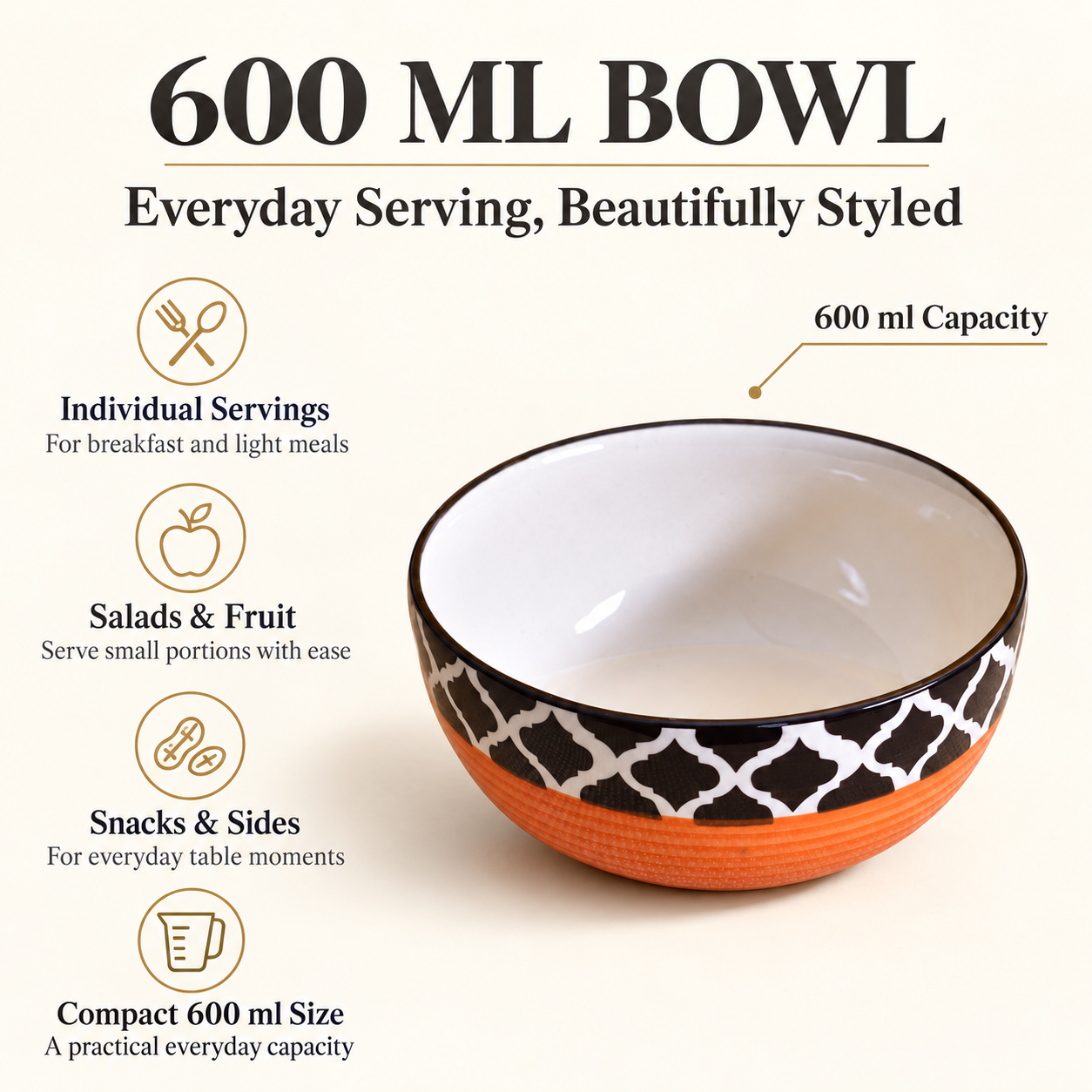KunhaR Ceramic Serving Bowl, 600 ml, Red Chidi, Multipurpose Bowl for Mixing, Serving, Salad, Pasta & Snacks, 1 Piece - Image 6