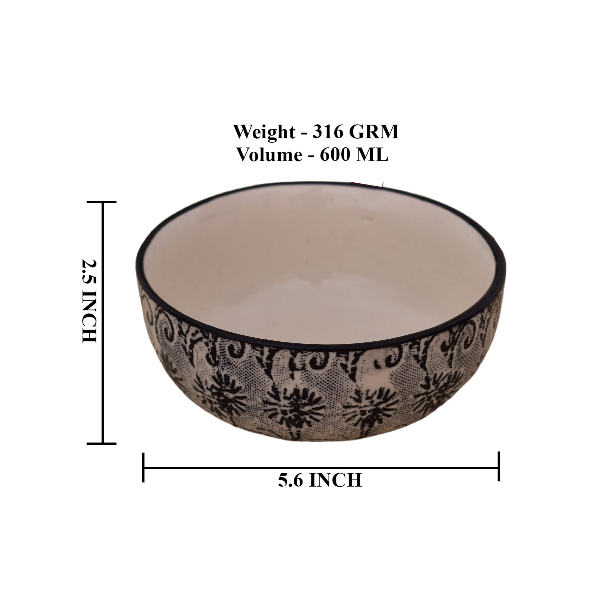 Kunhar Ceramic Bowls - 600 Ml, 1 Piece, White Black - Image 2