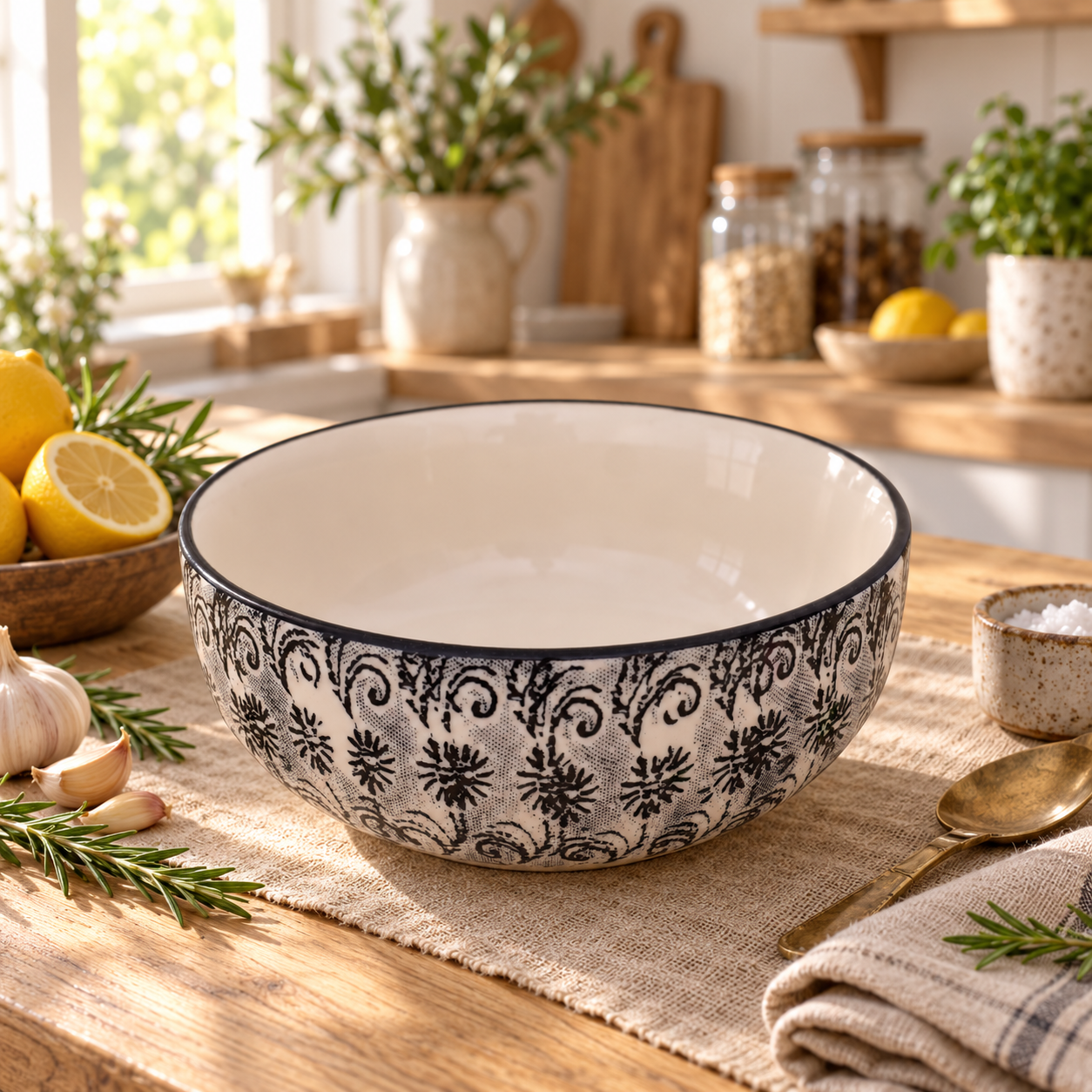 KunhaR Ceramic Serving Bowl, 600 ml, White Black, Multipurpose Bowl for Mixing, Serving, Salad, Pasta & Snacks, 1 Piece