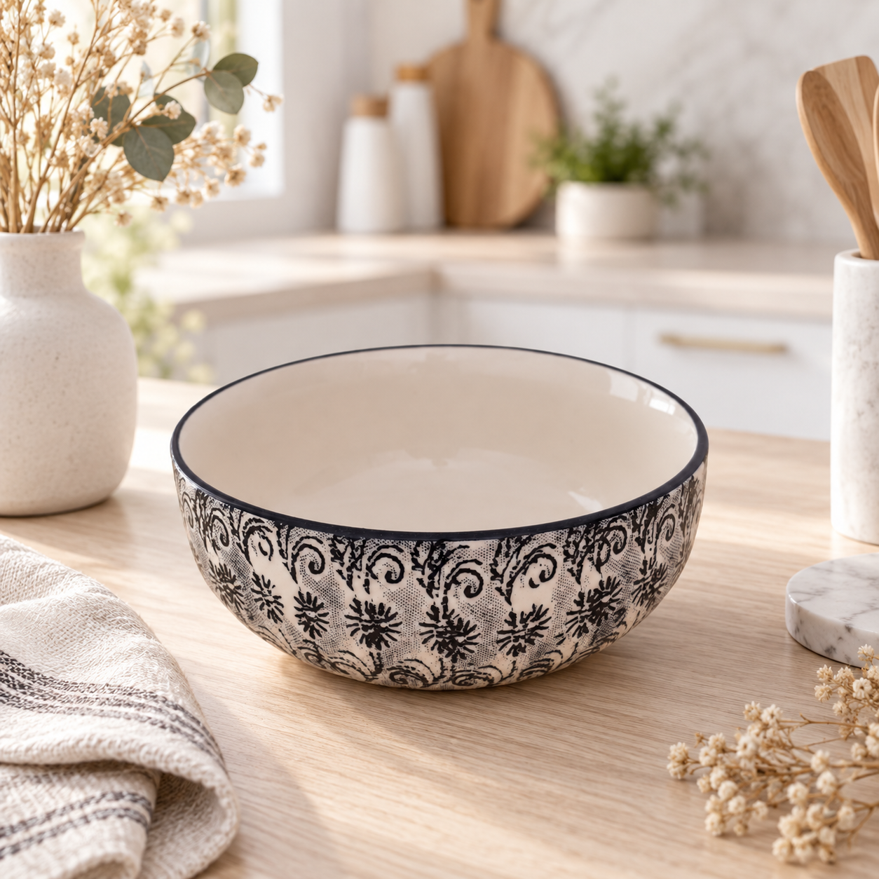 KunhaR Ceramic Serving Bowl, 600 ml, White Black, Multipurpose Bowl for Mixing, Serving, Salad, Pasta & Snacks, 1 Piece - Image 2