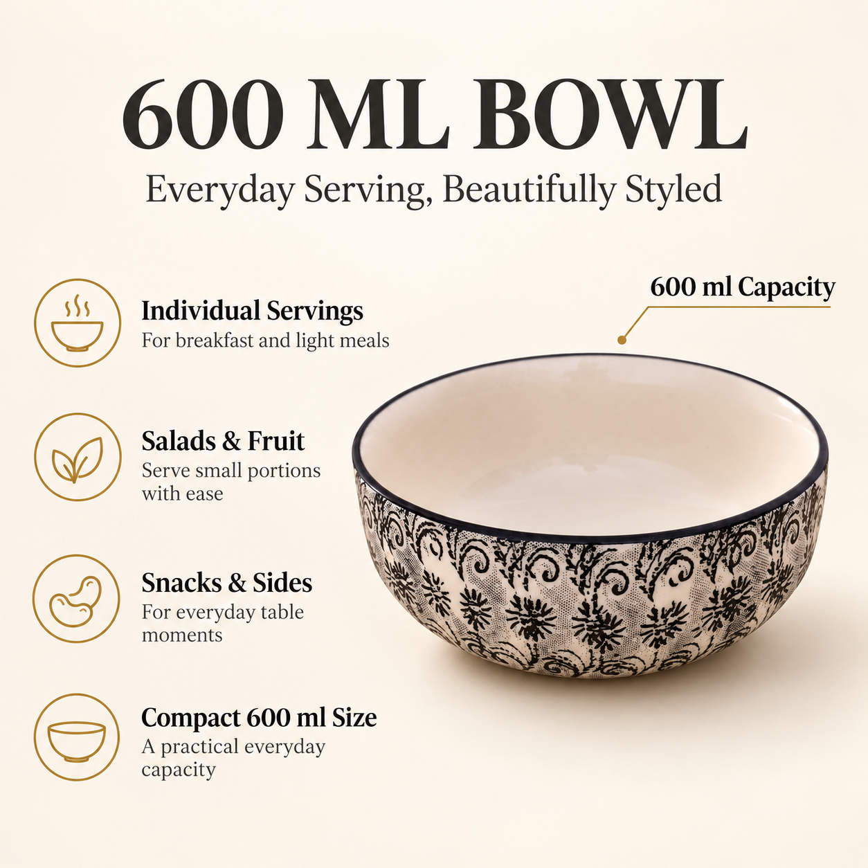 KunhaR Ceramic Serving Bowl, 600 ml, White Black, Multipurpose Bowl for Mixing, Serving, Salad, Pasta & Snacks, 1 Piece - Image 7