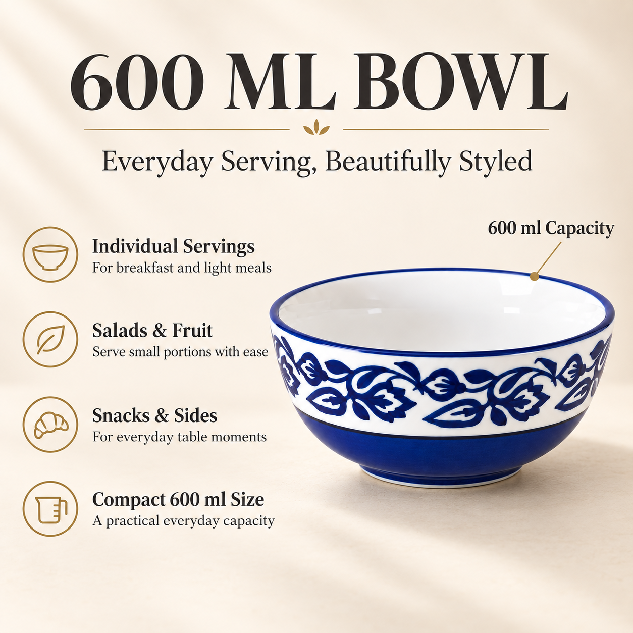KunhaR Ceramic Serving Bowl, 600 ml, Blue Vine, Multipurpose Bowl for Mixing, Serving, Salad, Pasta & Snacks, 1 Piece - Image 7