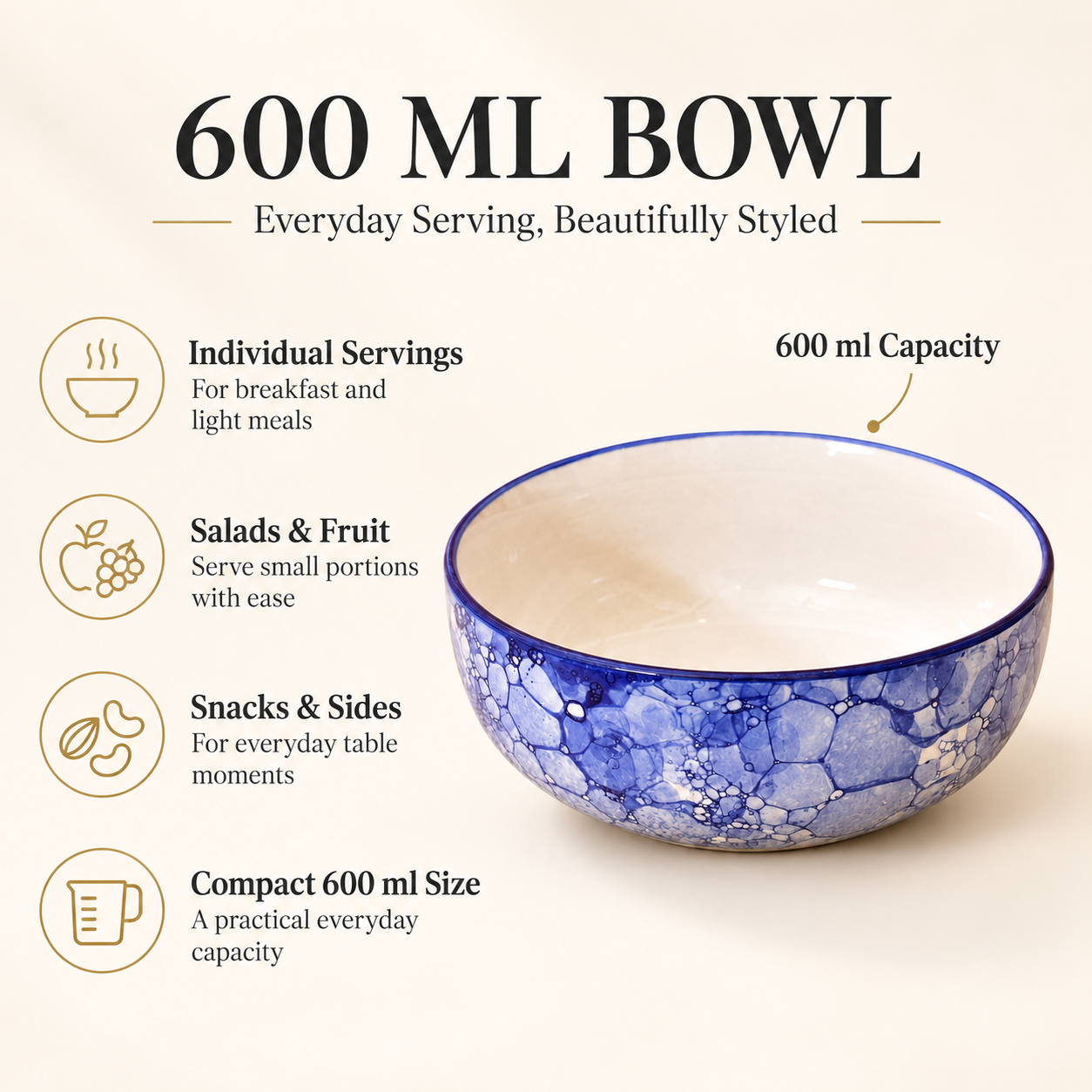KunhaR Ceramic Serving Bowl, 600 ml, Blue Luster, Multipurpose Bowl for Mixing, Serving, Salad, Pasta & Snacks, 1 Piece - Image 7