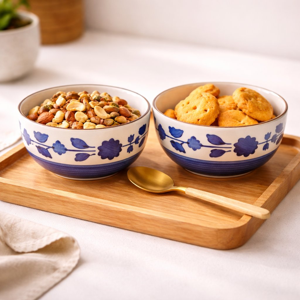 Kunhar Ceramic Mixing Bowls, Microwave Safe Bowl for Kitchen, Freezer & Dishwasher, Ideal for Snacks, Rice, Salad, and Noodles - 600 ML, 2 Pieces, Blue Flower