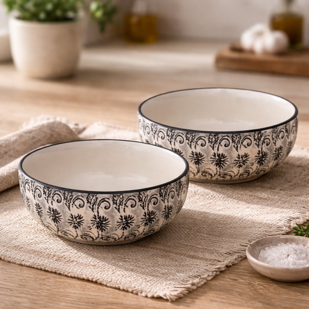 Kunhar Ceramic Mixing Bowls, Microwave Safe Bowl for Kitchen, Freezer & Dishwasher, Ideal for Snacks, Rice, Salad, and Noodles - 600 ML, 2 Pieces, White Black