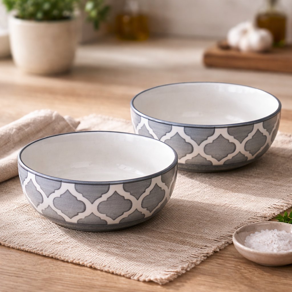 Kunhar Ceramic Mixing Bowls, Microwave Safe Bowl for Kitchen, Freezer & Dishwasher, Ideal for Snacks, Rice, Salad, and Noodles - 600 ML, 2 Pieces, Grey Chidi