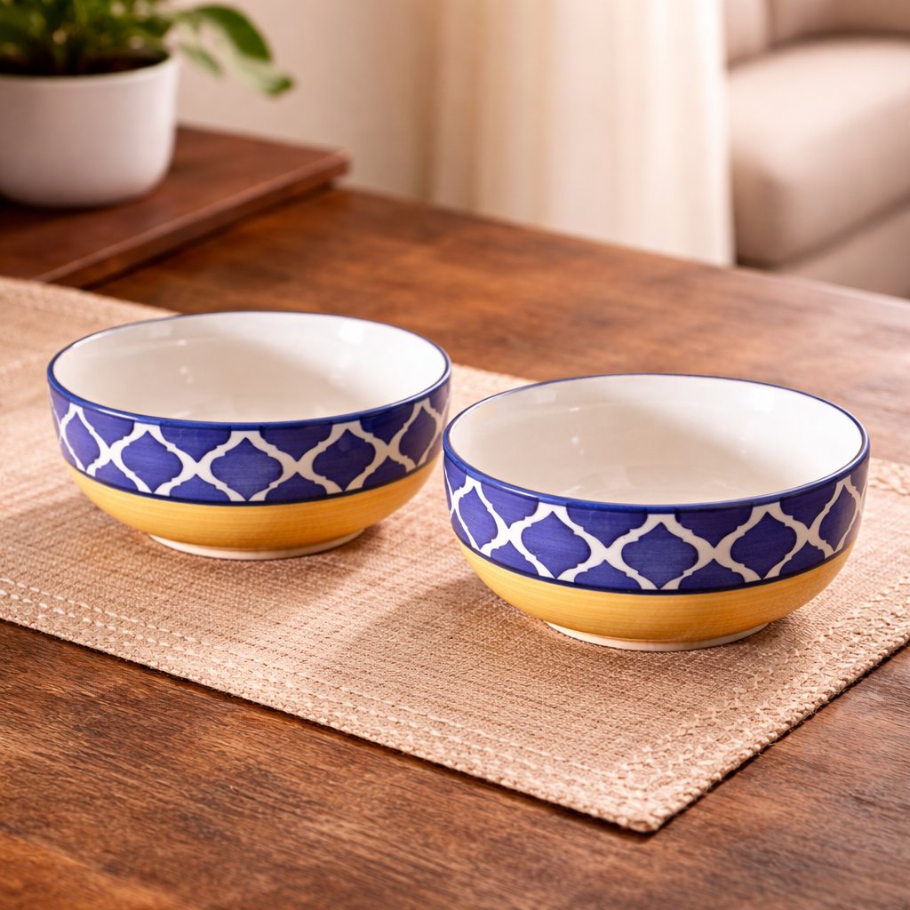 Kunhar Ceramic Mixing Bowls, Microwave Safe Bowl for Kitchen, Freezer & Dishwasher, Ideal for Snacks, Rice, Salad, and Noodles - 600 ML, 2 Pieces, Yellow Blue Chidi
