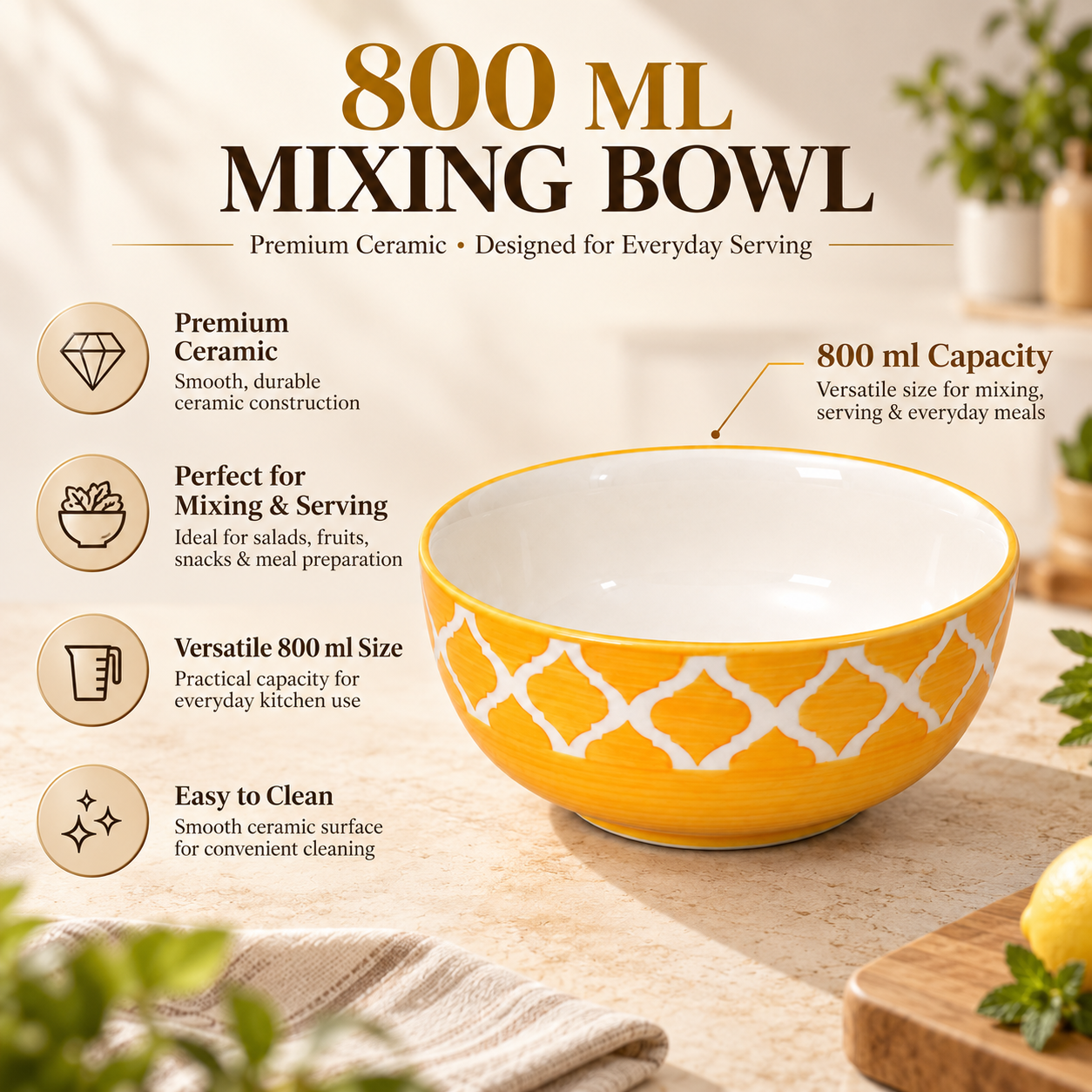 KunhaR Ceramic Serving Bowl 800 ml, Yellow Chidi | Medium Ceramic Bowl for Salad, Pasta, Noodles, Fruits, Curry & Snacks | Premium Tableware for Kitchen & Dining | 1 Piece