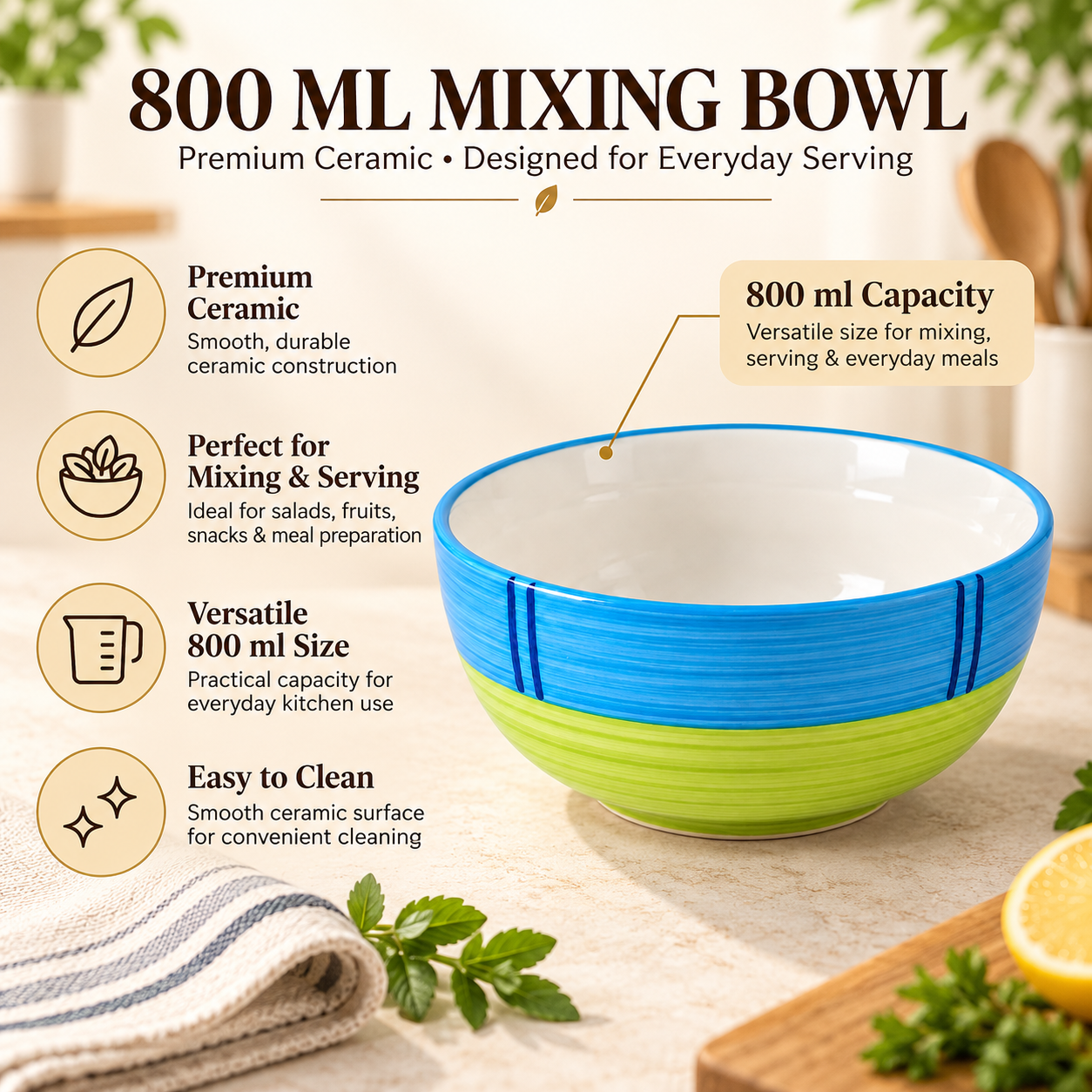 KunhaR Ceramic Serving Bowl 800 ml, Green | Medium Ceramic Bowl for Salad, Pasta, Noodles, Fruits, Curry & Snacks | Premium Tableware for Kitchen & Dining | 1 Piece - Image 7