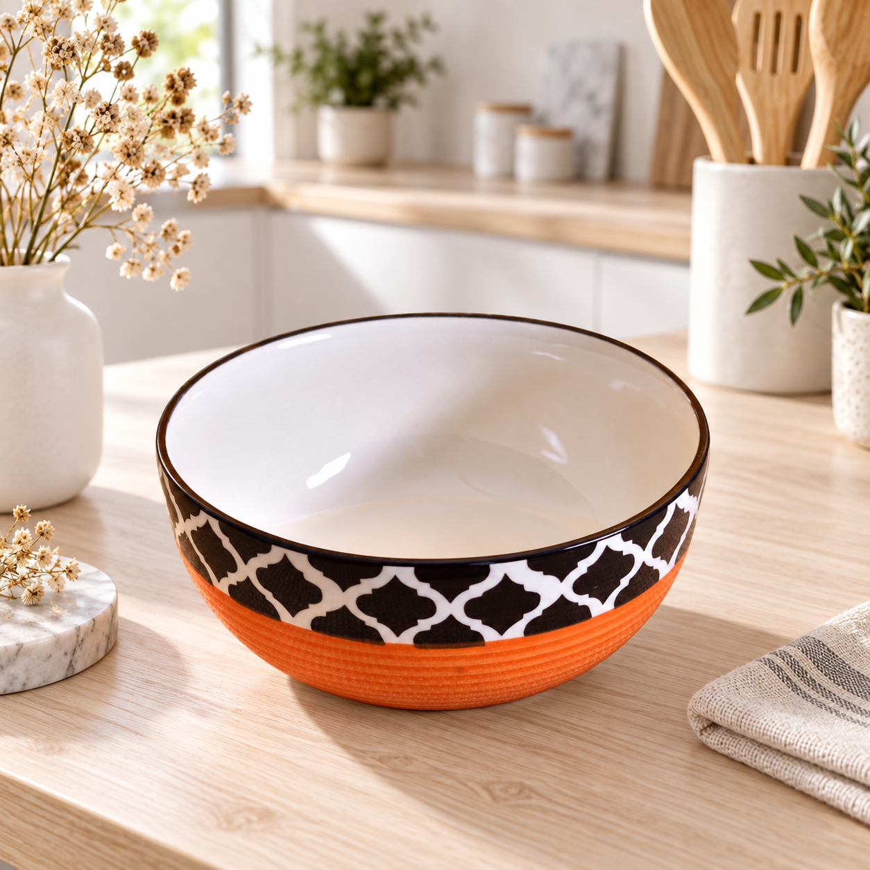 KunhaR Ceramic Serving Bowl 800 ml, Red Chidi | Medium Ceramic Bowl for Salad, Pasta, Noodles, Fruits, Curry & Snacks | Premium Tableware for Kitchen & Dining | 1 Piece - Image 2