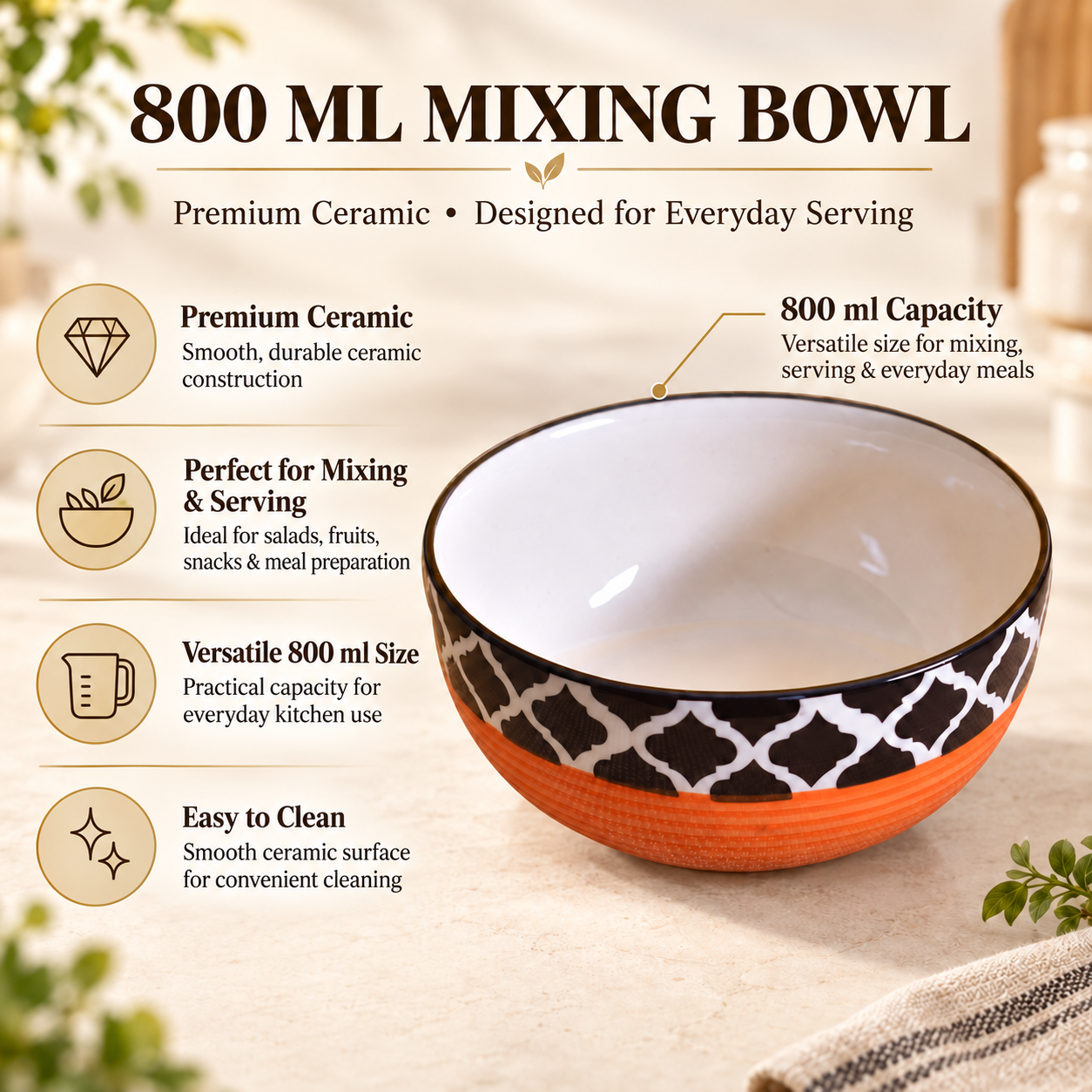 KunhaR Ceramic Serving Bowl 800 ml, Red Chidi | Medium Ceramic Bowl for Salad, Pasta, Noodles, Fruits, Curry & Snacks | Premium Tableware for Kitchen & Dining | 1 Piece - Image 6