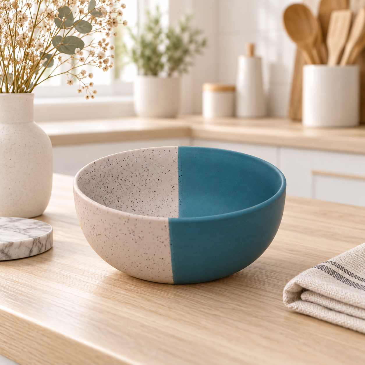 KunhaR Ceramic Serving Bowl 800 ml, White Dusty Blue | Medium Ceramic Bowl for Salad, Pasta, Noodles, Fruits, Curry & Snacks | Premium Tableware for Kitchen & Dining | 1 Piece - Image 2