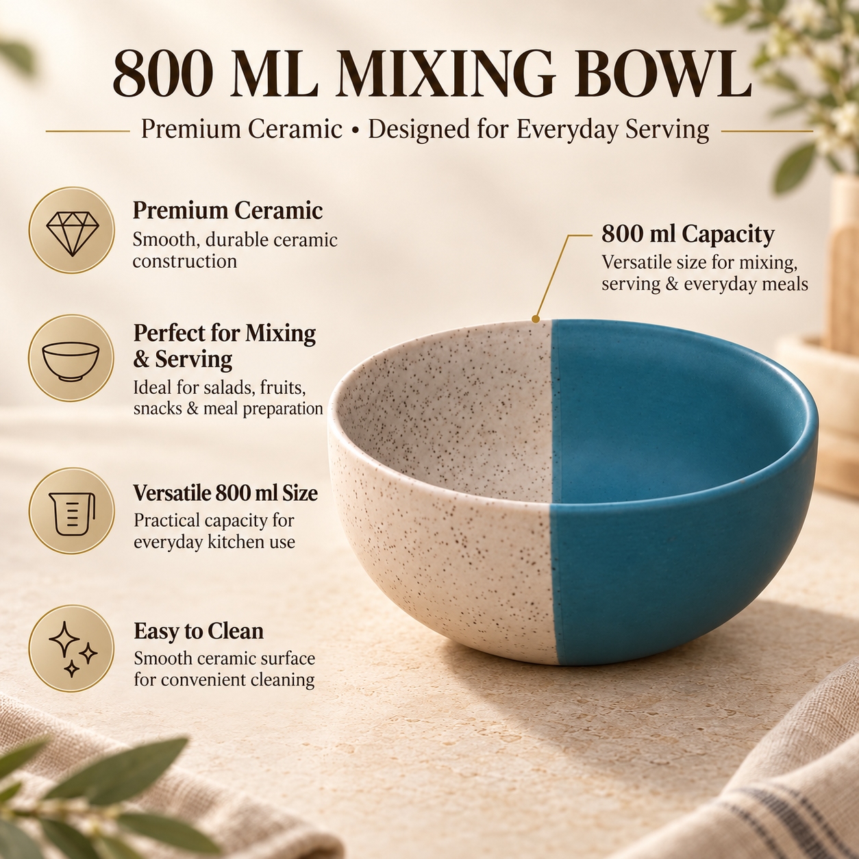 KunhaR Ceramic Serving Bowl 800 ml, White Dusty Blue | Medium Ceramic Bowl for Salad, Pasta, Noodles, Fruits, Curry & Snacks | Premium Tableware for Kitchen & Dining | 1 Piece - Image 7
