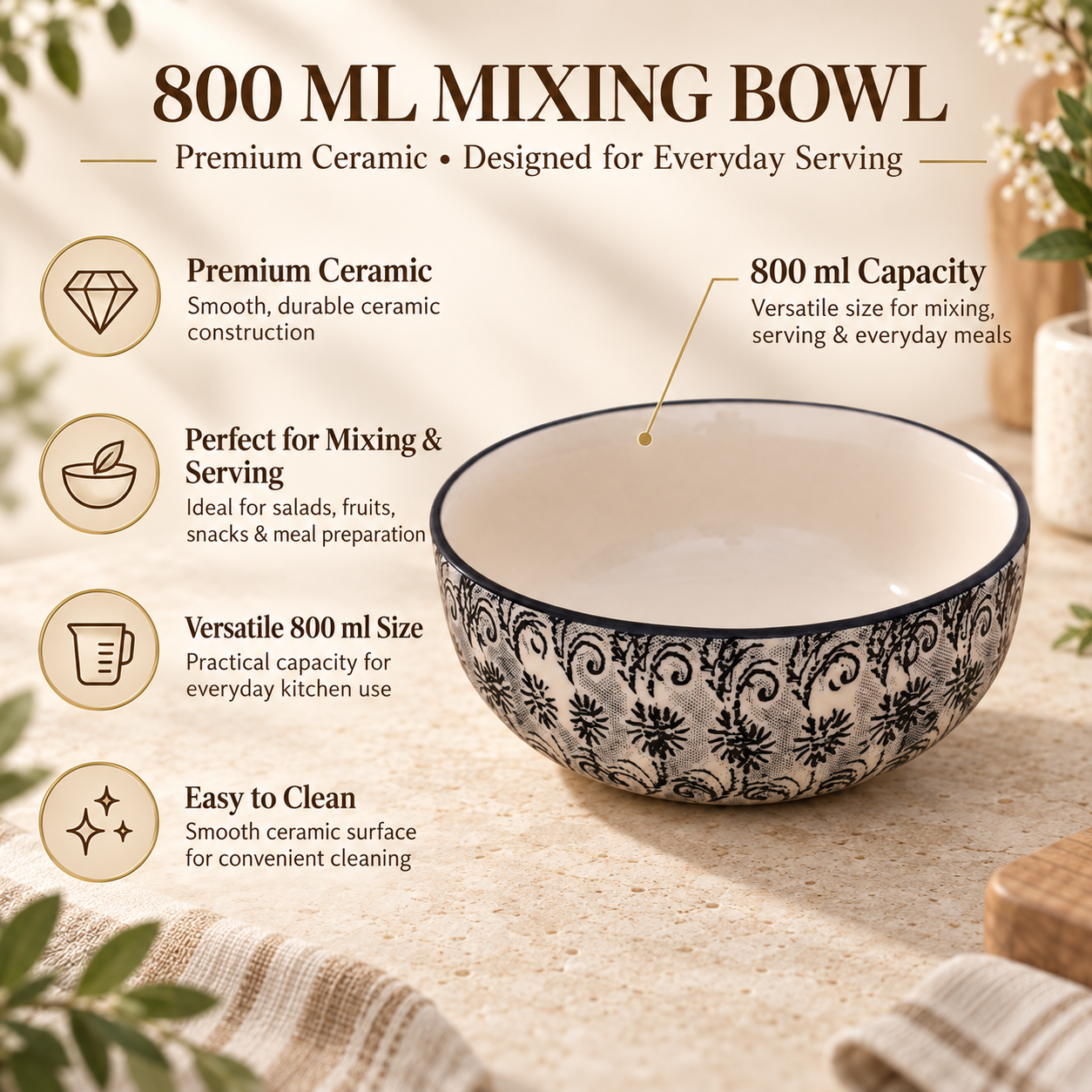 KunhaR Ceramic Serving Bowl 800 ml, White Black | Medium Ceramic Bowl for Salad, Pasta, Noodles, Fruits, Curry & Snacks | Premium Tableware for Kitchen & Dining | 1 Piece