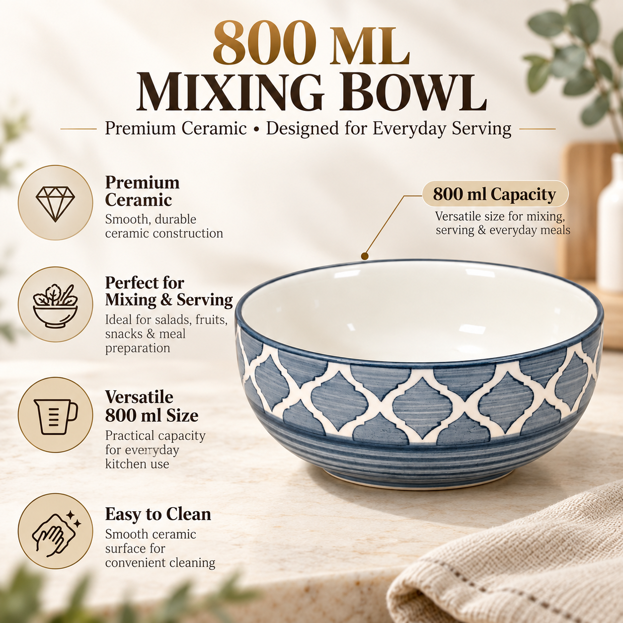 KunhaR Ceramic Serving Bowl 800 ml, Grey | Medium Ceramic Bowl for Salad, Pasta, Noodles, Fruits, Curry & Snacks | Premium Tableware for Kitchen & Dining | 1 Piece