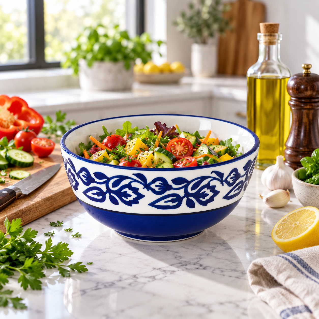 KunhaR Ceramic Serving Bowl 800 ml, Blue Vine | Medium Ceramic Bowl for Salad, Pasta, Noodles, Fruits, Curry & Snacks | Premium Tableware for Kitchen & Dining | 1 Piece - Image 4