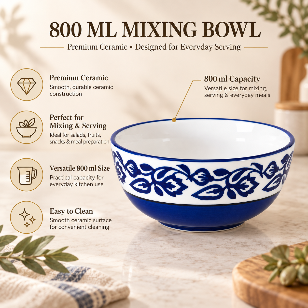 KunhaR Ceramic Serving Bowl 800 ml, Blue Vine | Medium Ceramic Bowl for Salad, Pasta, Noodles, Fruits, Curry & Snacks | Premium Tableware for Kitchen & Dining | 1 Piece - Image 7