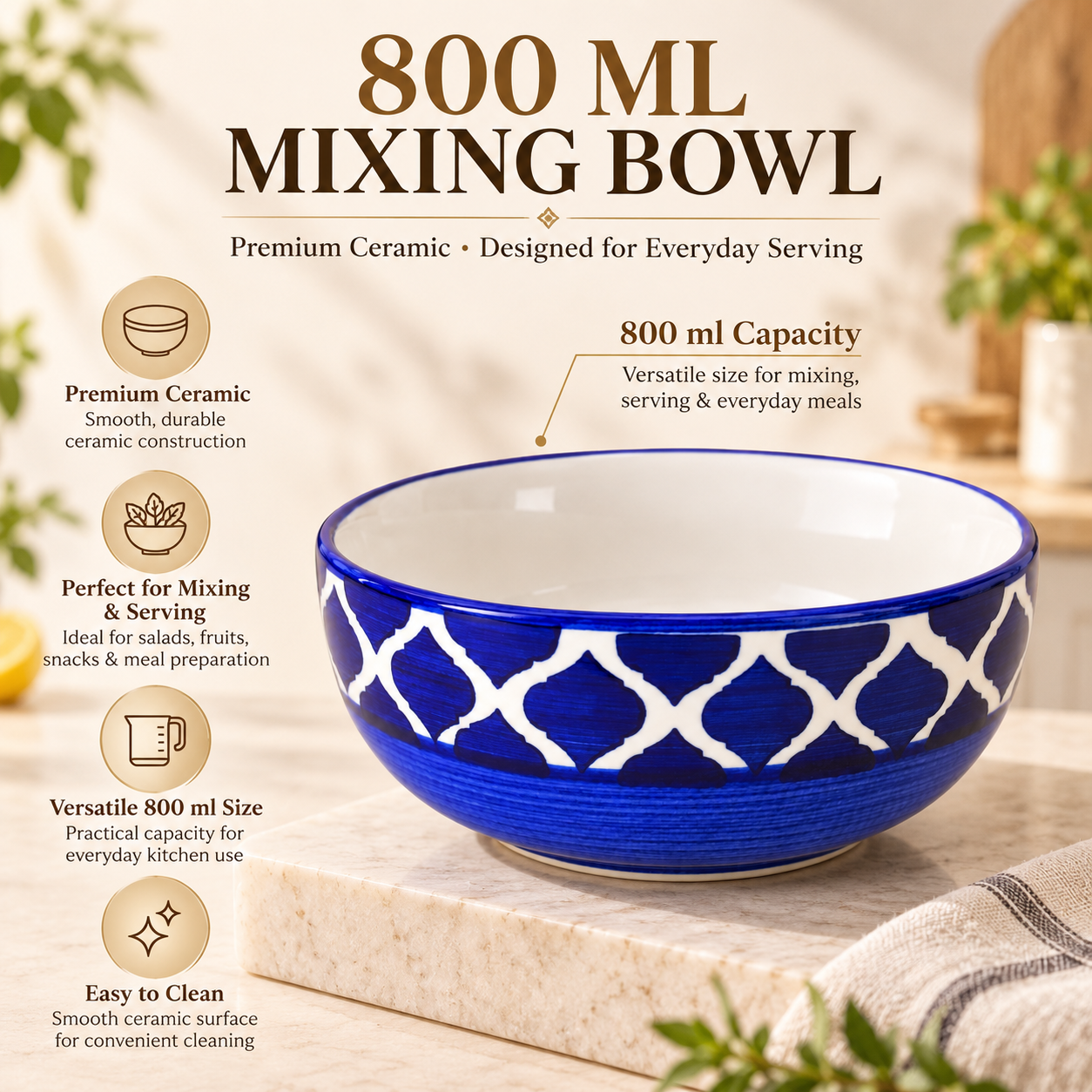 KunhaR Ceramic Serving Bowl 800 ml, Blue Umrao | Medium Ceramic Bowl for Salad, Pasta, Noodles, Fruits, Curry & Snacks | Premium Tableware for Kitchen & Dining | 1 Piece - Image 7