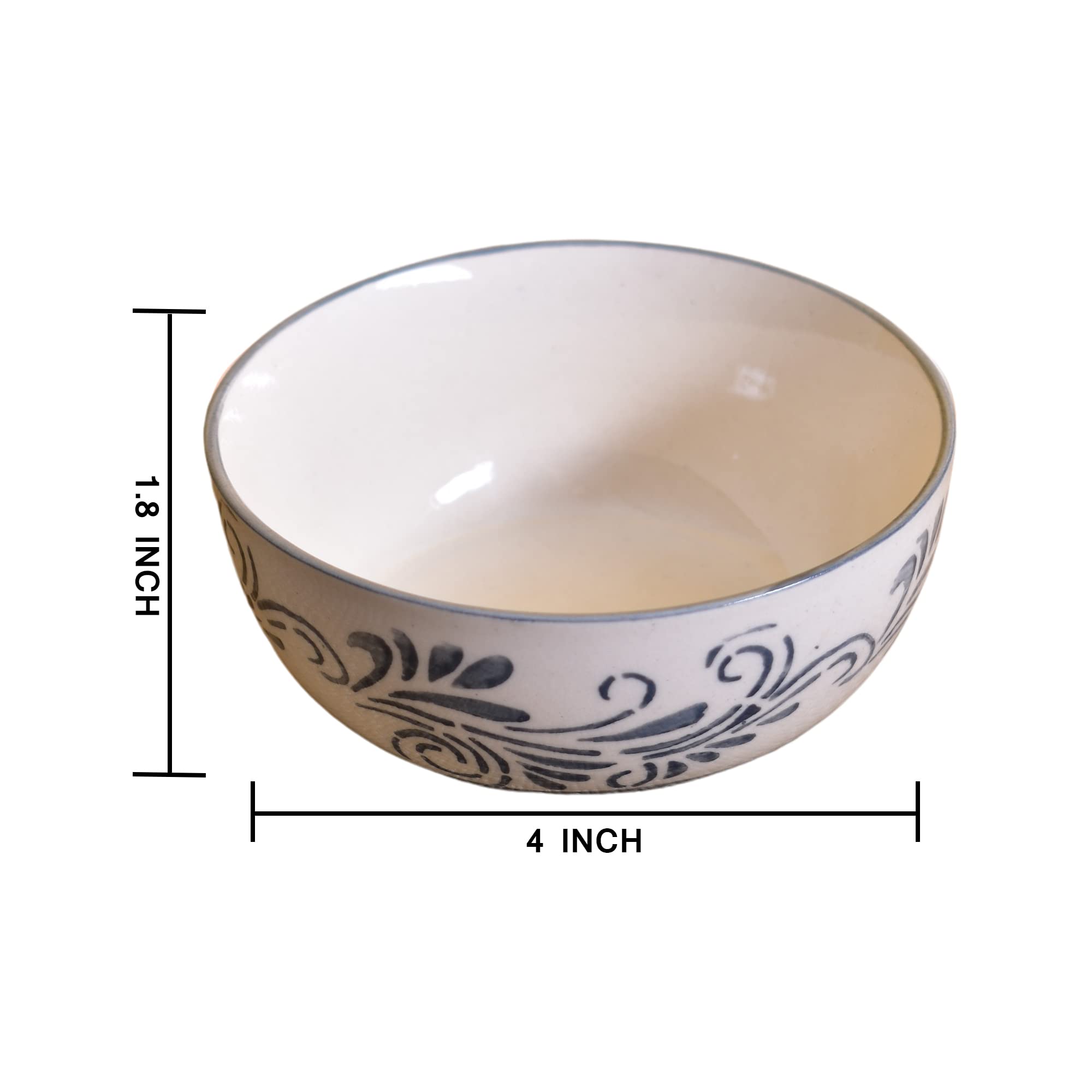 Kunhar Ceramic Hand Painted Dessert Bowls - 200 Ml, 4 Pieces, White Grey