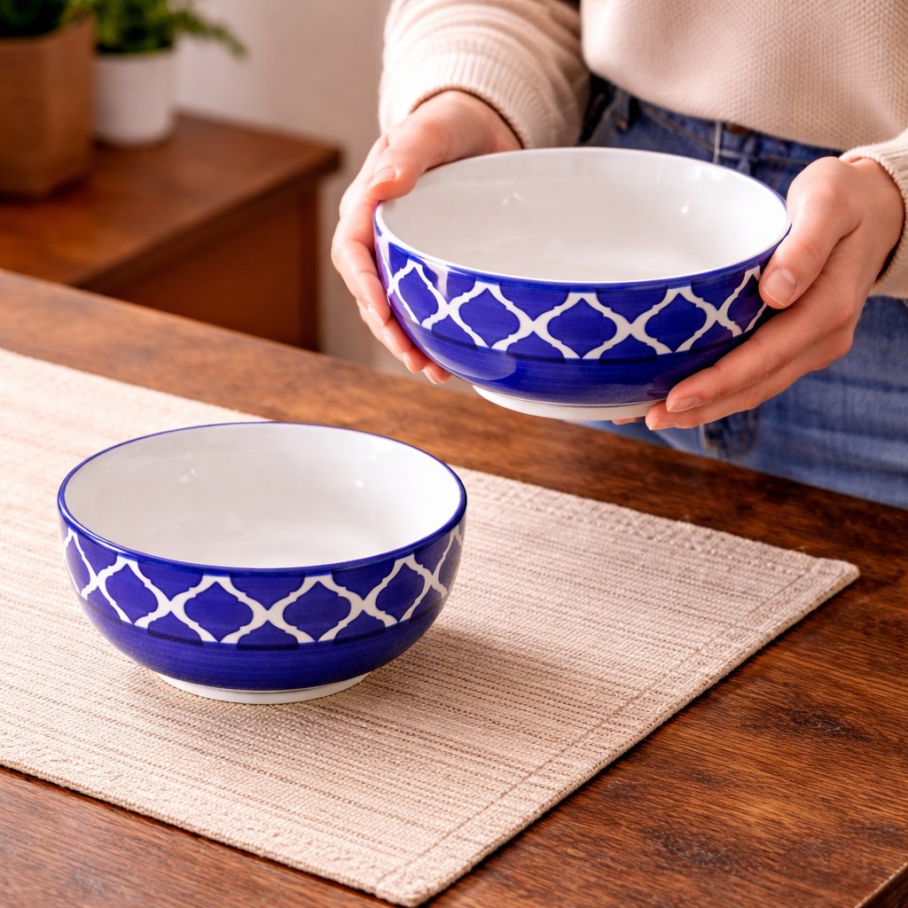 Kunhar Ceramic Mixing Bowls, Microwave Safe Bowl for Kitchen, Freezer & Dishwasher, Ideal for Snacks, Rice, Salad, and Noodles - 800 ML, 2 Pieces, Blue Chidi - Image 2